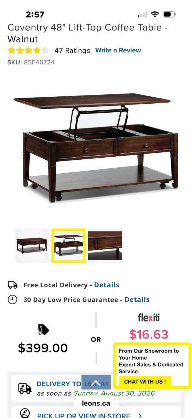 Coventry 48" Lift-Top Coffee Table - Walnut