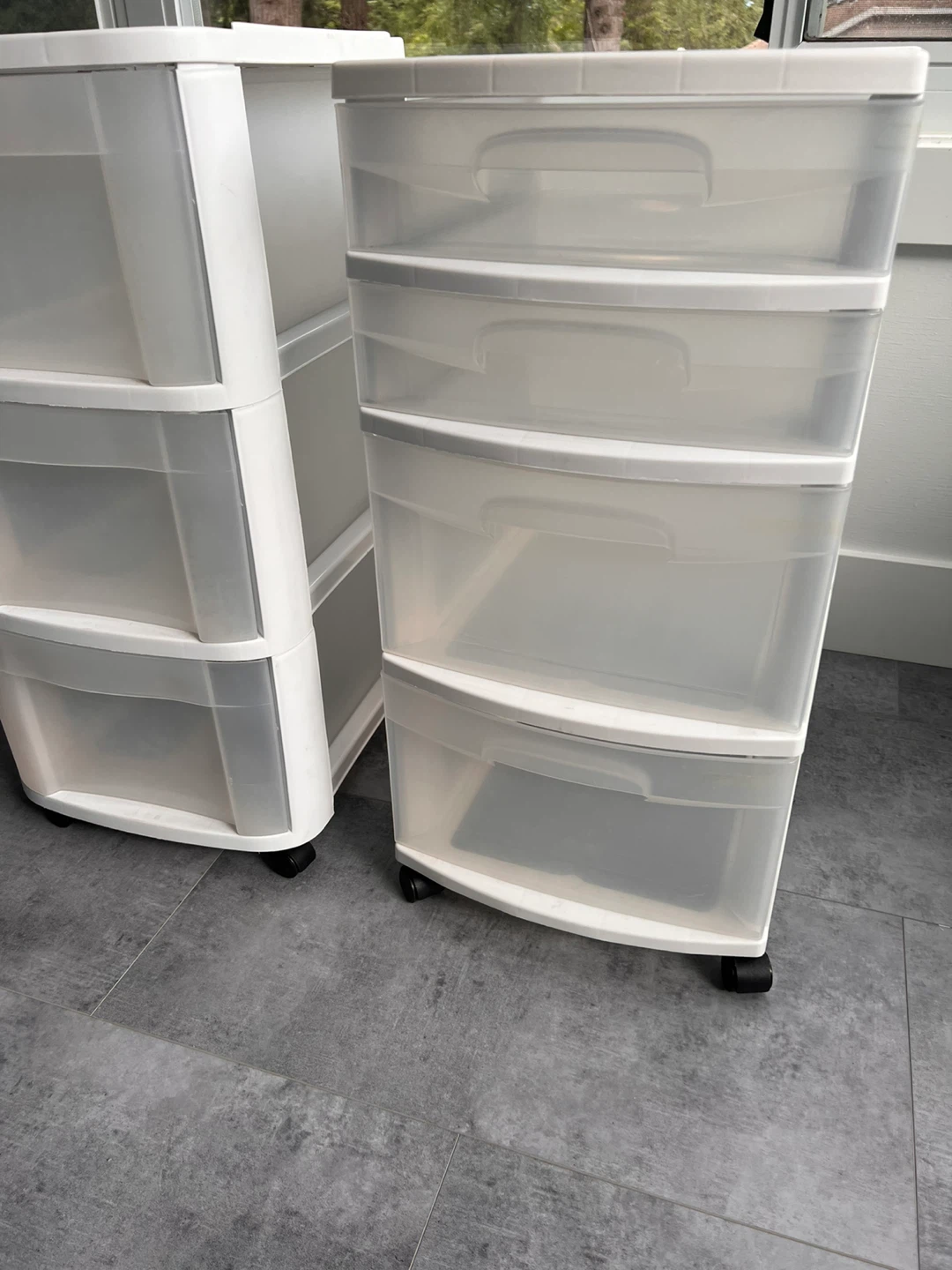 3 drawer and 4 drawer plastic storage on wheels