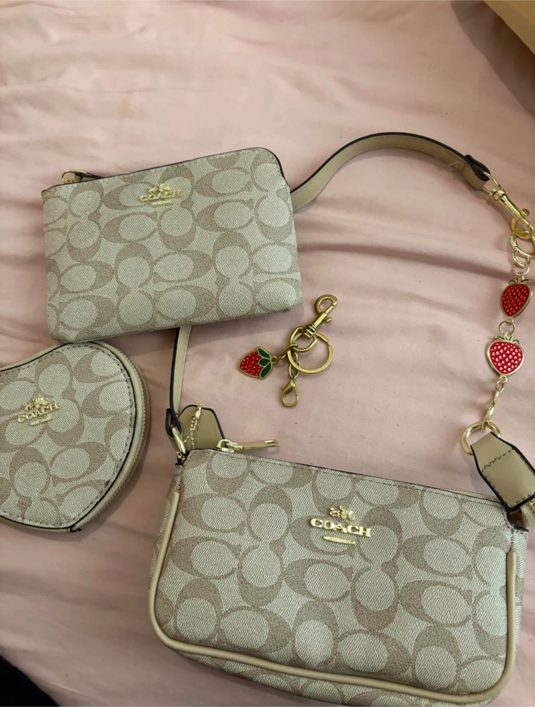 Coach Signature Canvas Wristlet Set with Strawberry Charm