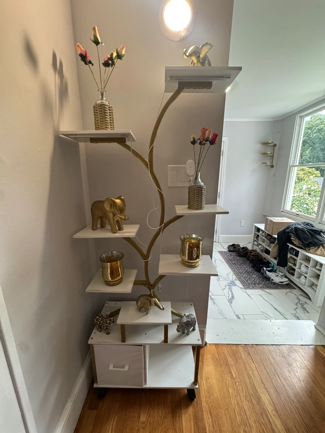 Gold and White Tree Shelf with Drawers