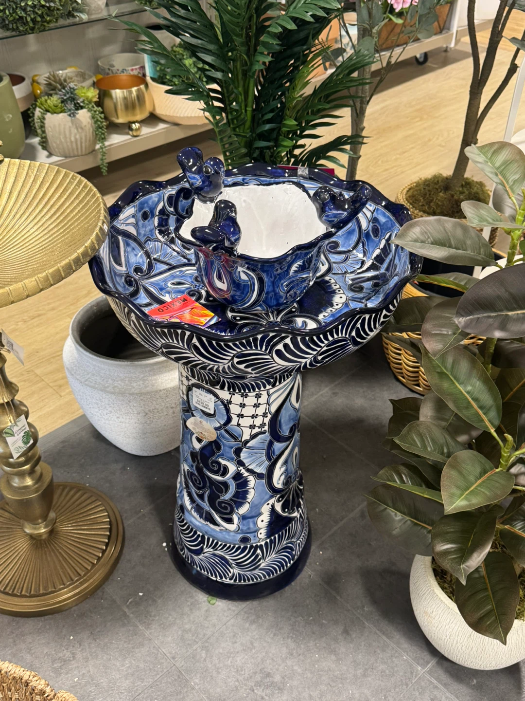 Blue and White Ceramic Bird Bath Pedestal