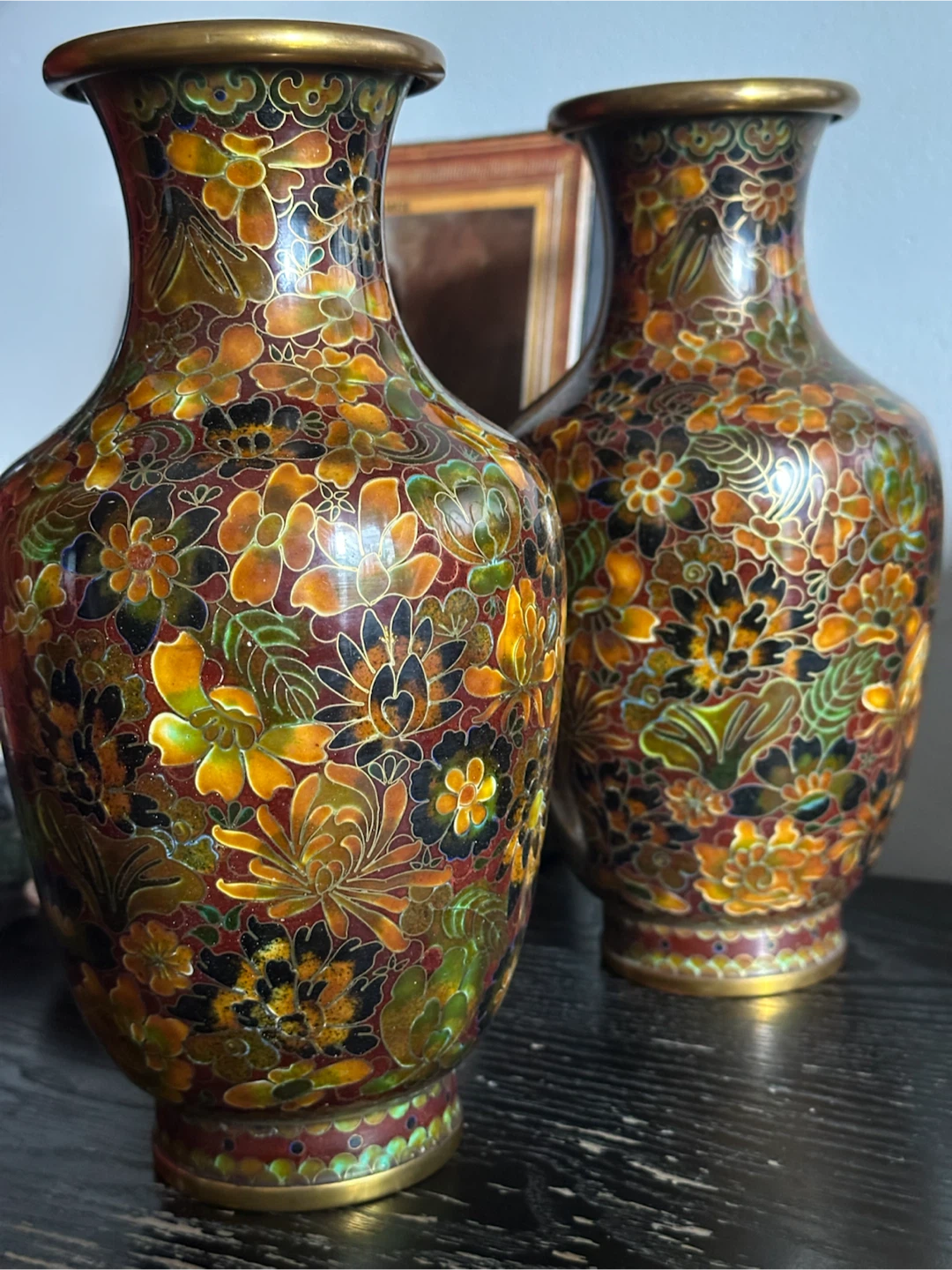 Pair Vintage 9" Chinese Cloisonne Millefleur Vases