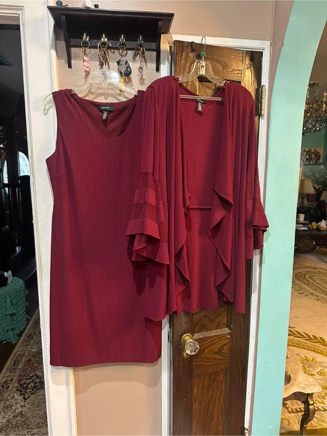 R&M Richards Burgundy Dress with Ruffled Open Cardigan