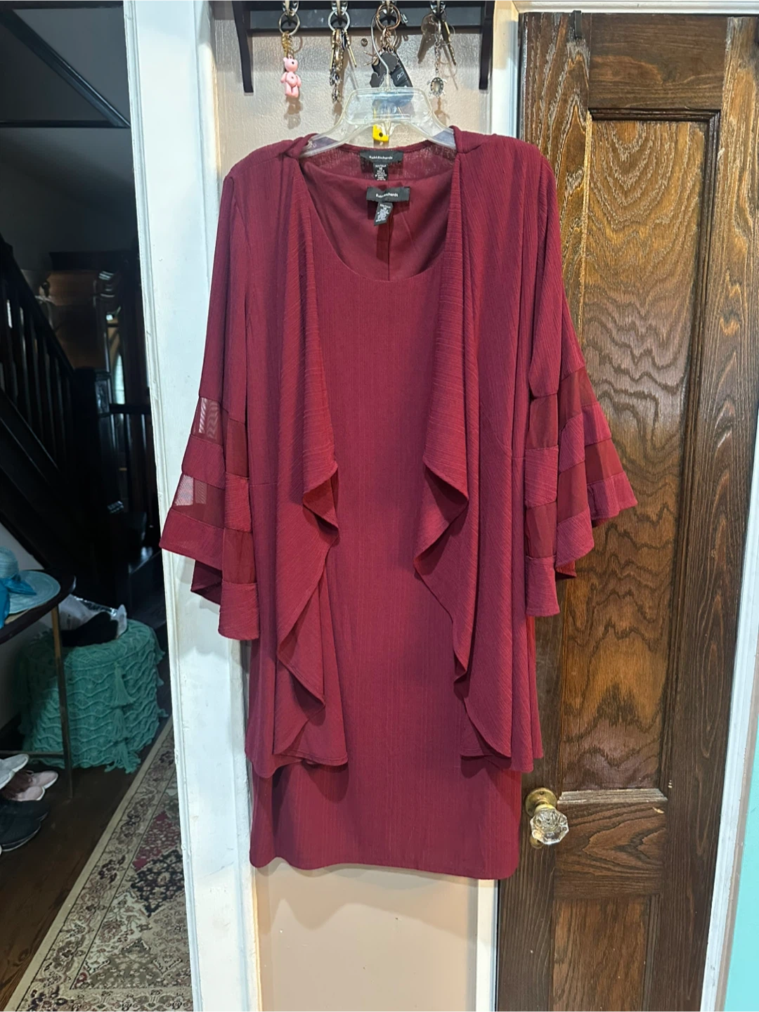 R&M Richards Burgundy Dress with Ruffled Open Cardigan - photo 2
