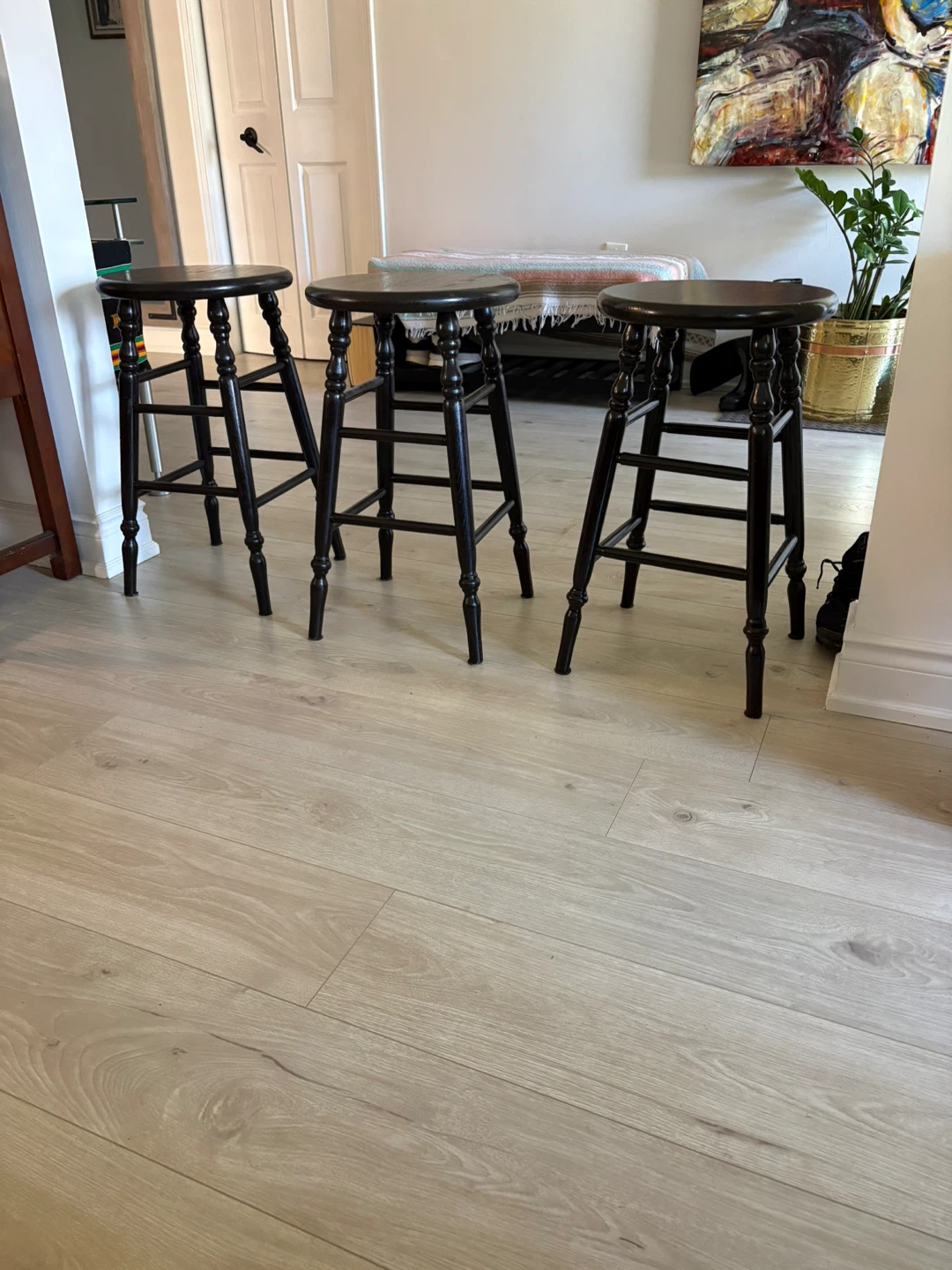 Set of 3 Dark Brown Wooden Bar Stools