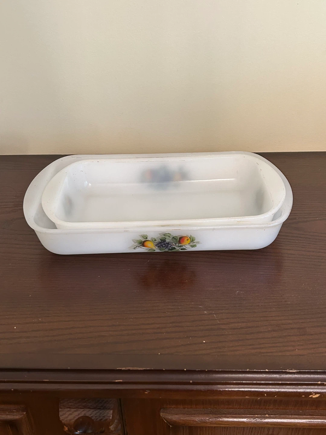 2 White Rectangular Baking Dishes with Fruit Design