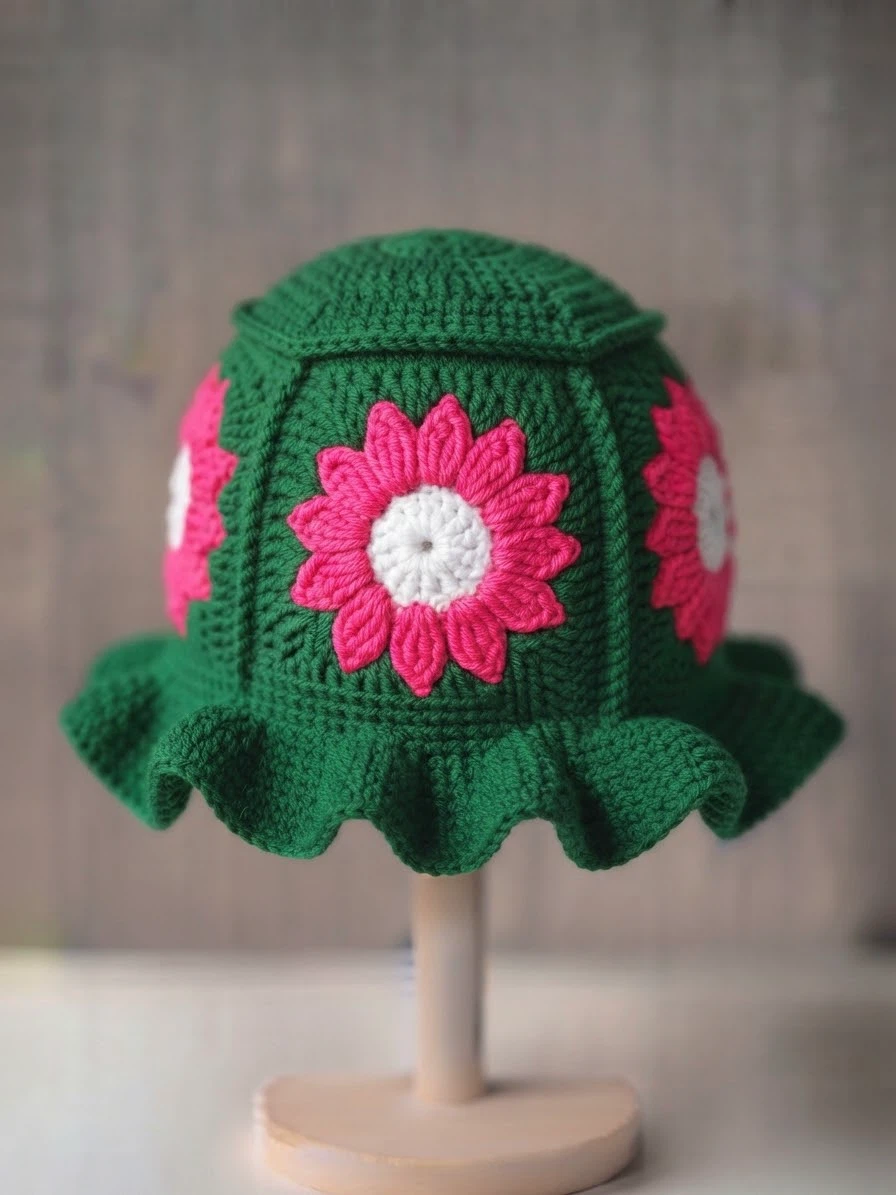 Handmade Crochet Bucket Hat with Flowers - photo 2
