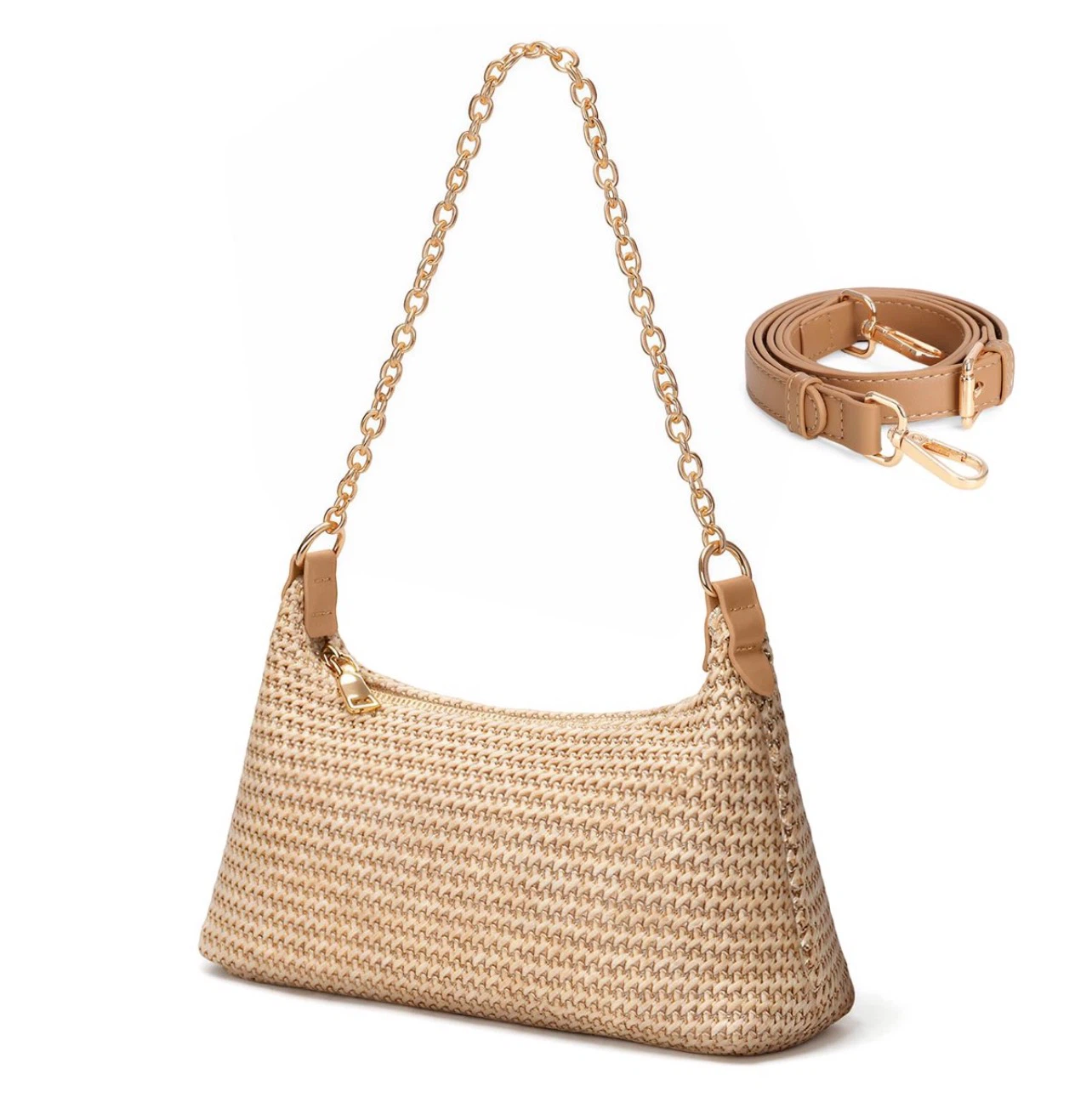 Women's Woven Straw Shoulder Bag with Chain Strap