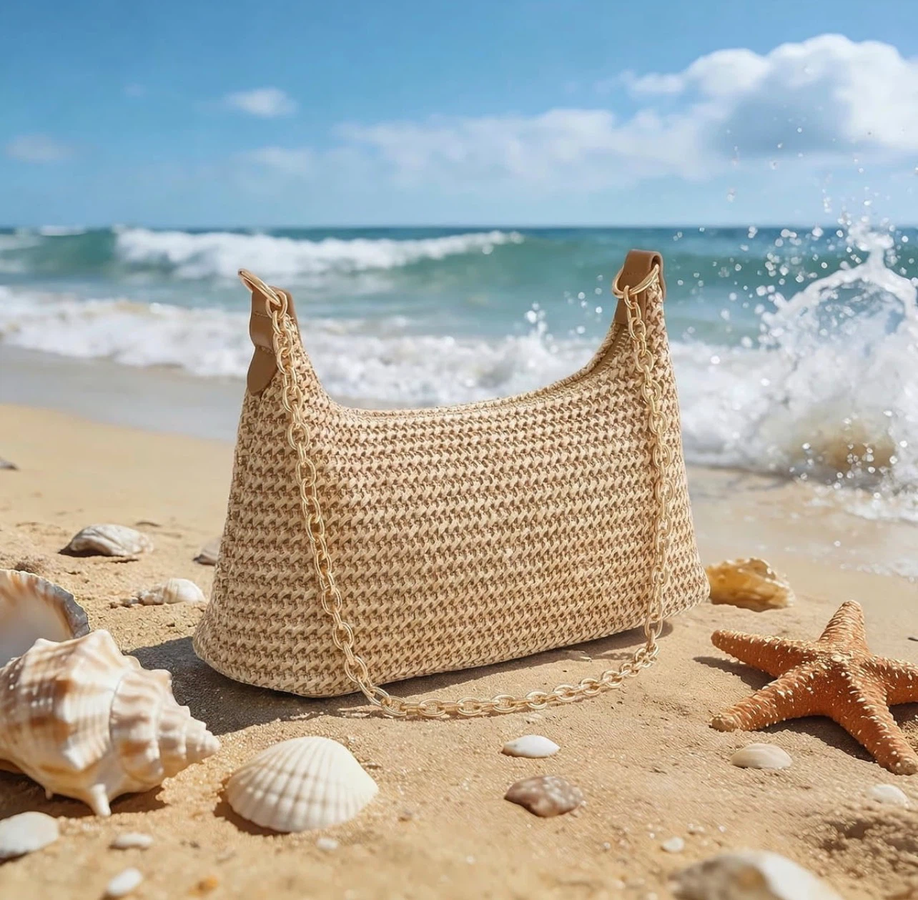 Women's Woven Straw Shoulder Bag with Chain Strap - photo 3