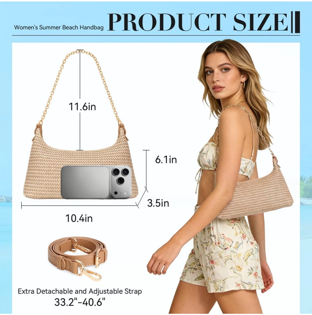 Women's Woven Straw Shoulder Bag with Chain Strap - photo 5