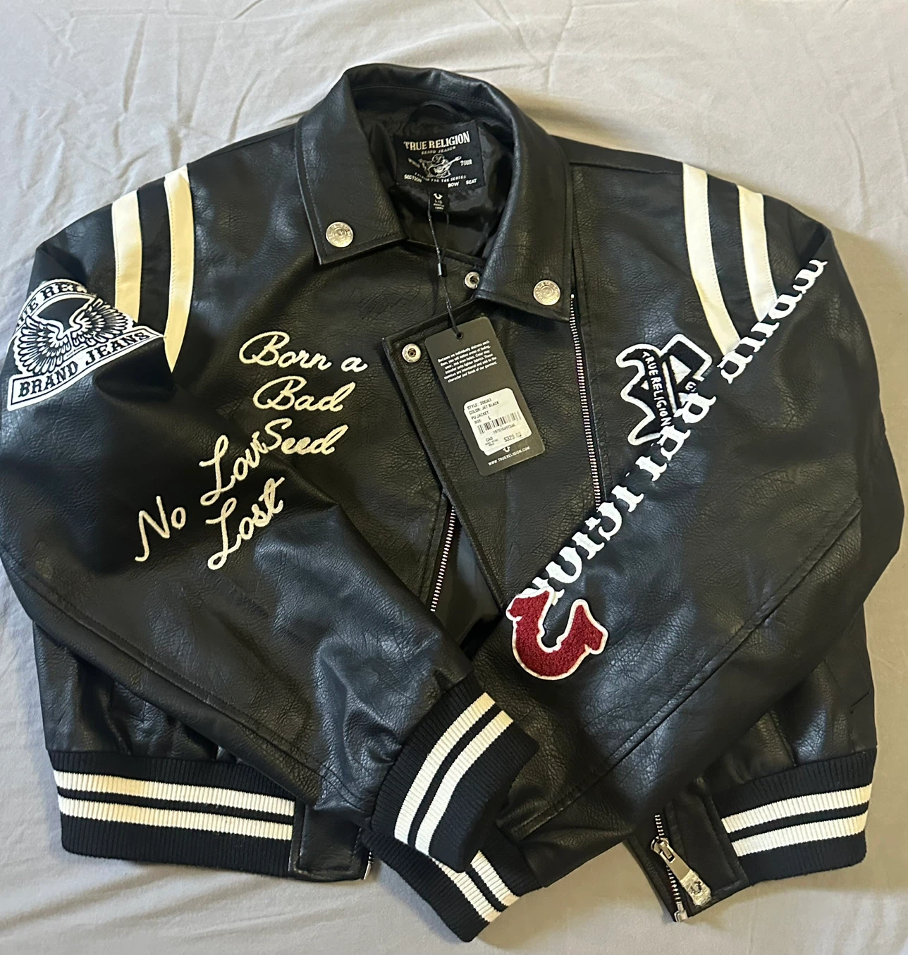 True Religion Leather Bomber Jacket - Black - Size L