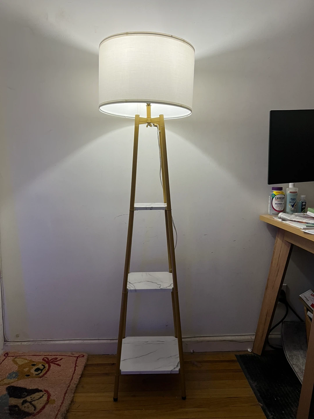 Gold Floor Lamp with Faux Marble Shelves. Dorm Room Approved!