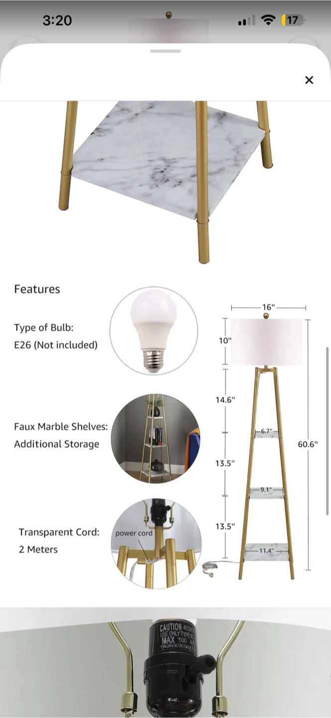 Gold Floor Lamp with Faux Marble Shelves. Dorm Room Approved! - photo 3
