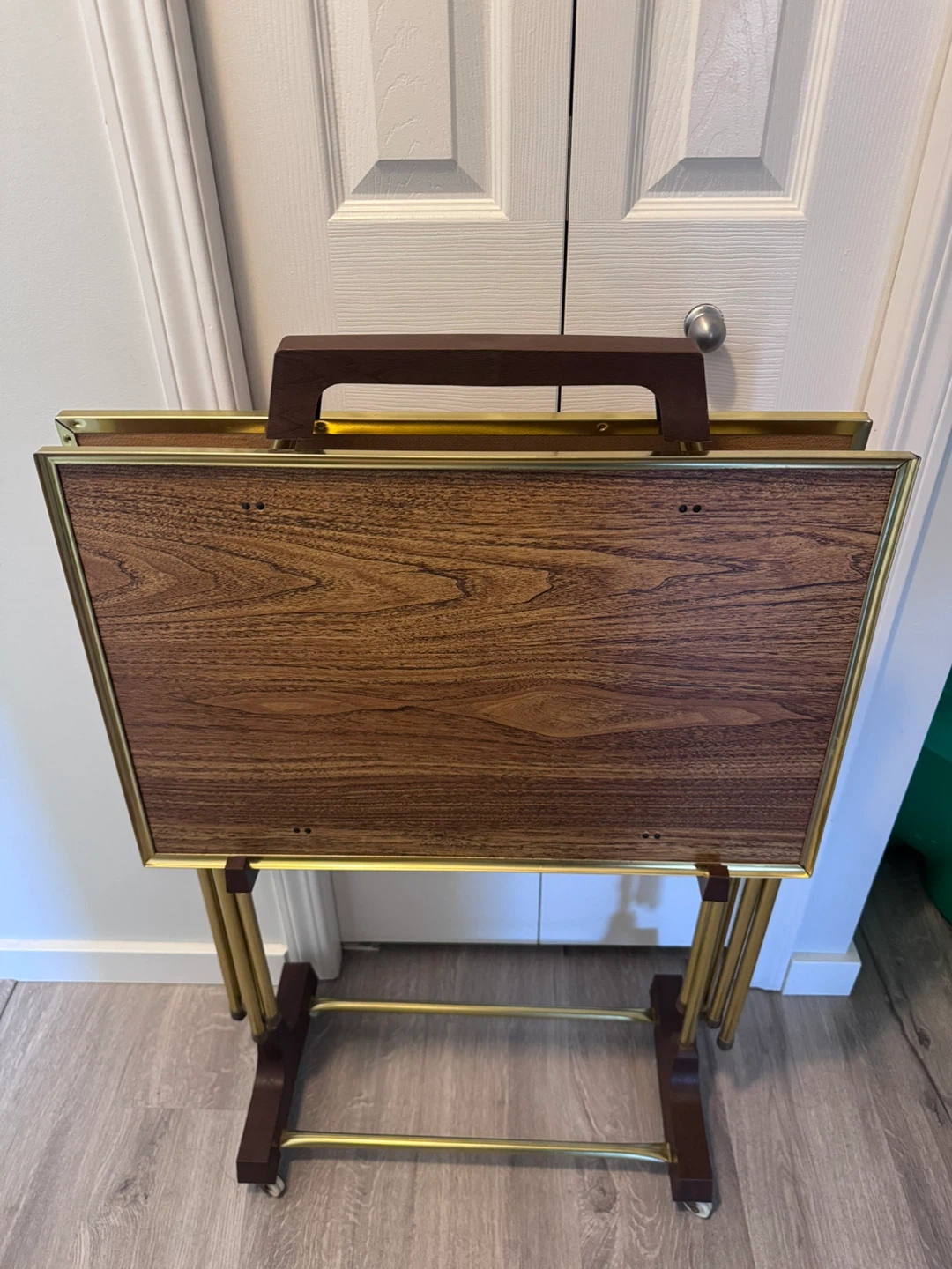 Vintage Faux Wood Grain TV Tray Tables with Stand - Set of 2