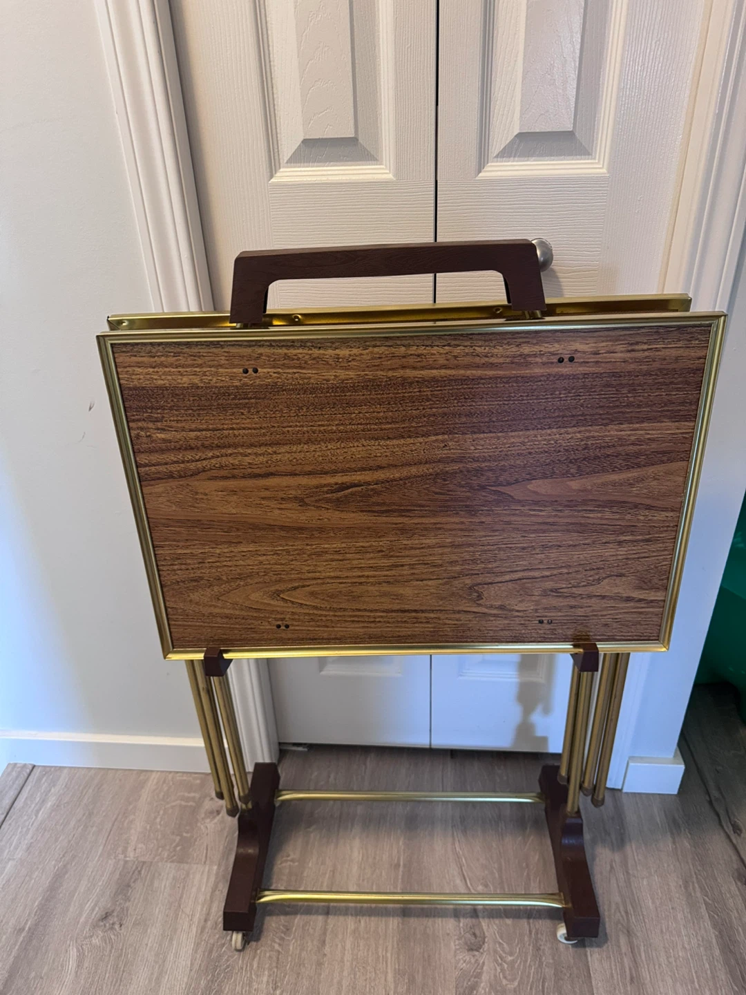 Vintage Faux Wood Grain TV Tray Tables with Stand - Set of 2 - photo 3
