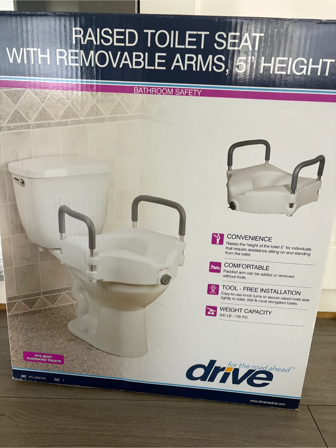 Drive Raised Toilet Seat with Removable Arms, 5" Height - photo 2