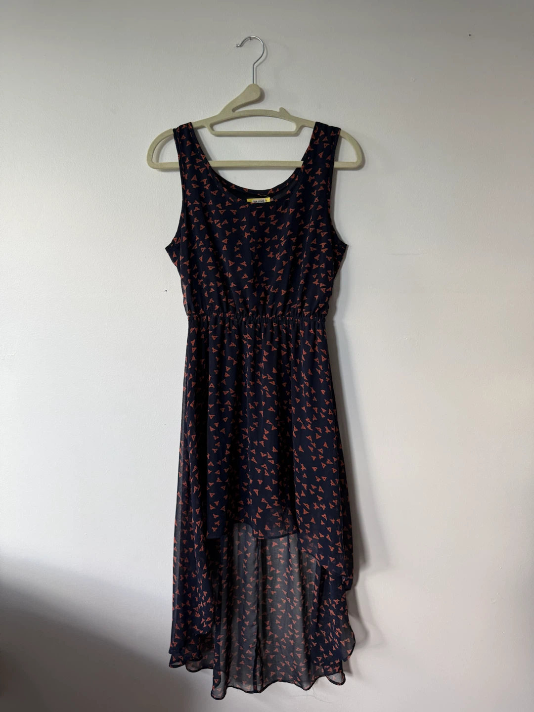 Navy Blue Sleeveless Hi-Low Dress with Triangle Print