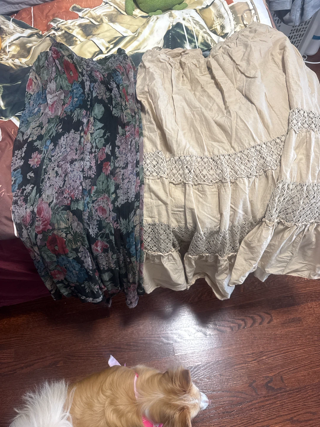 Two skirts: floral print and beige tiered