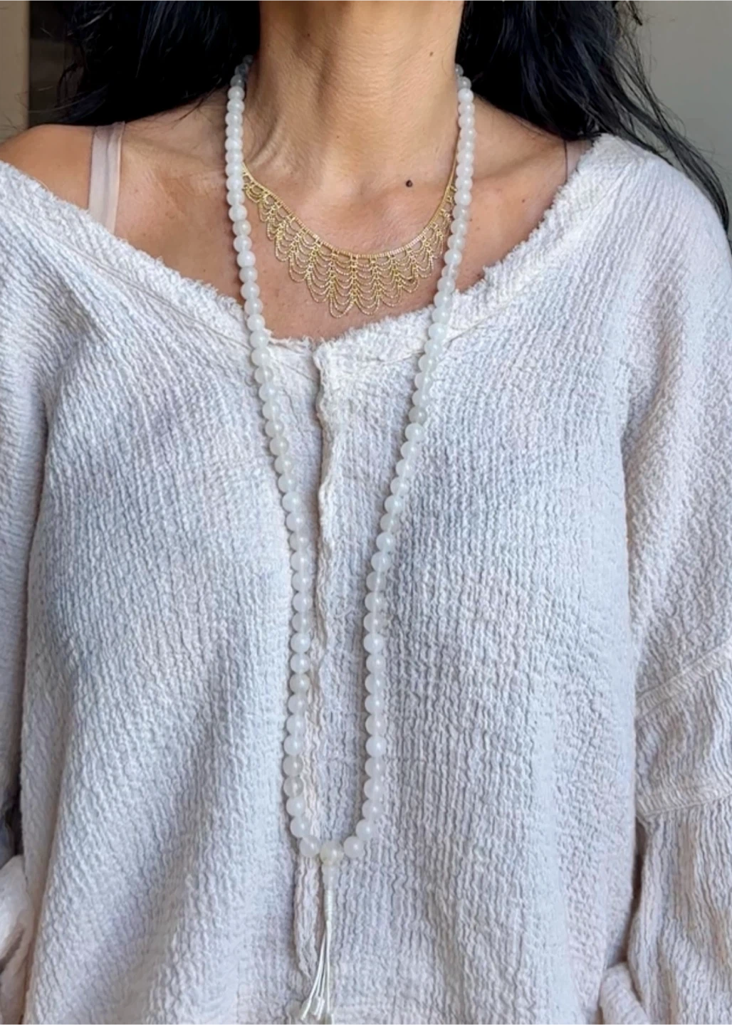 Genuine White Quartz 108 Mala Bead  Necklace