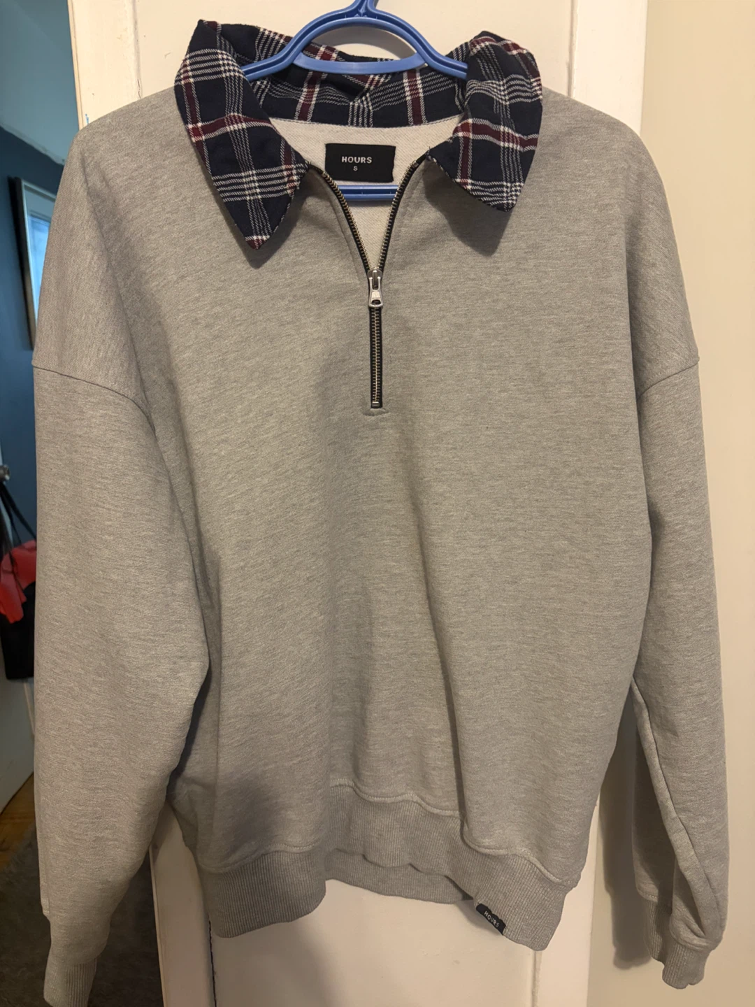 HOURS Grey Quarter Zip Sweatshirt with Plaid Collar - Size S