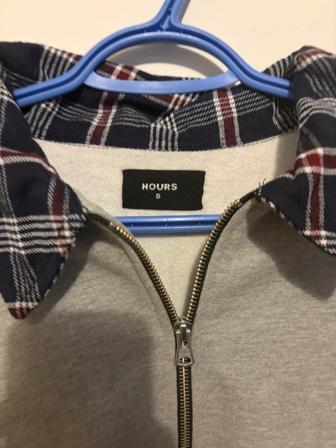 HOURS Grey Quarter Zip Sweatshirt with Plaid Collar - Size S - photo 2