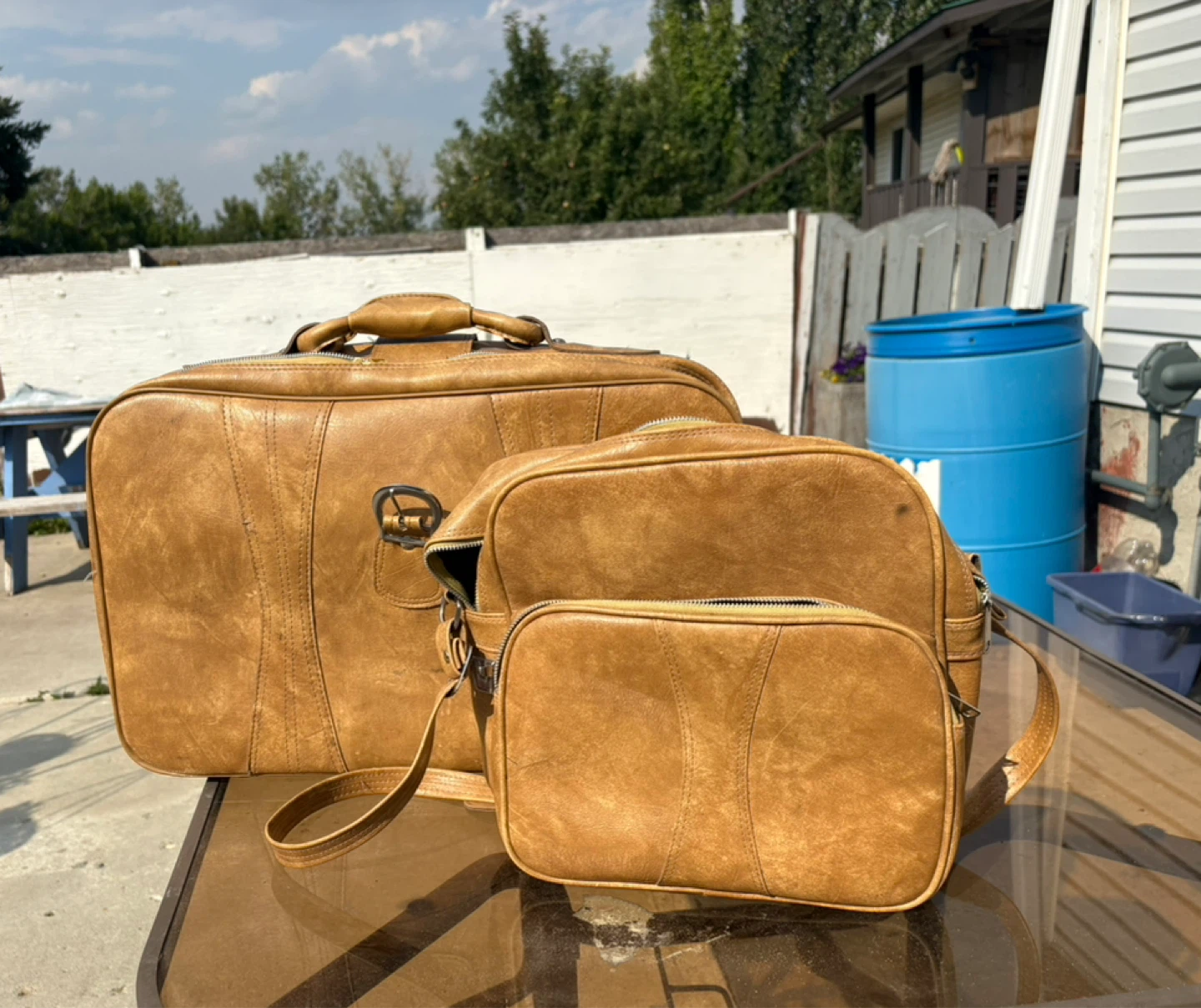 Vintage Tan Faux Leather Suitcase/ Bag Set