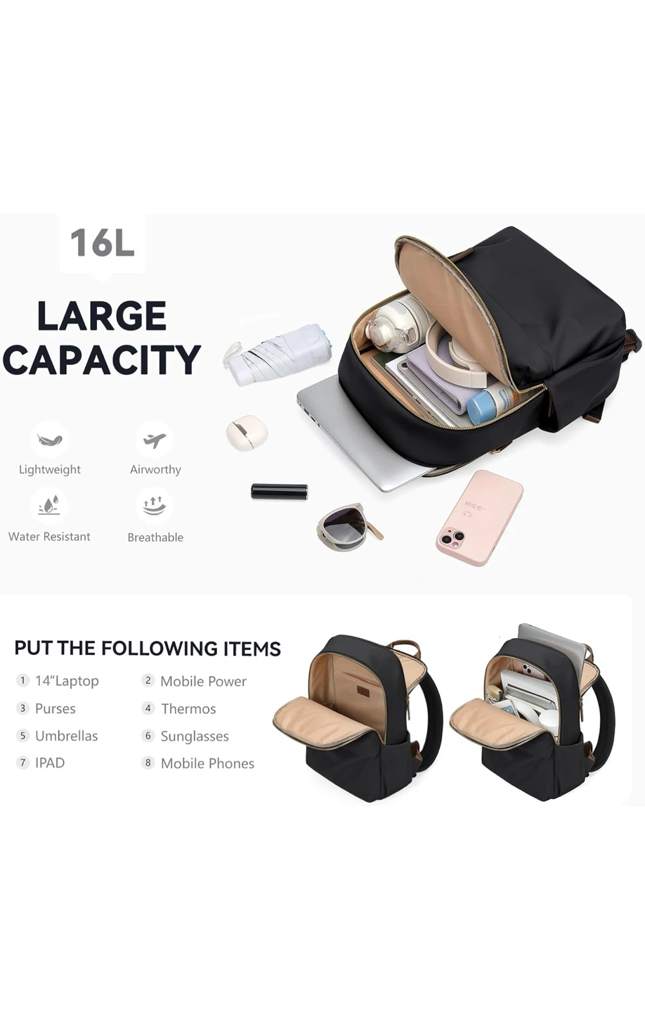 Black Nylon 16L Backpack - Fits 14" Laptop - photo 4