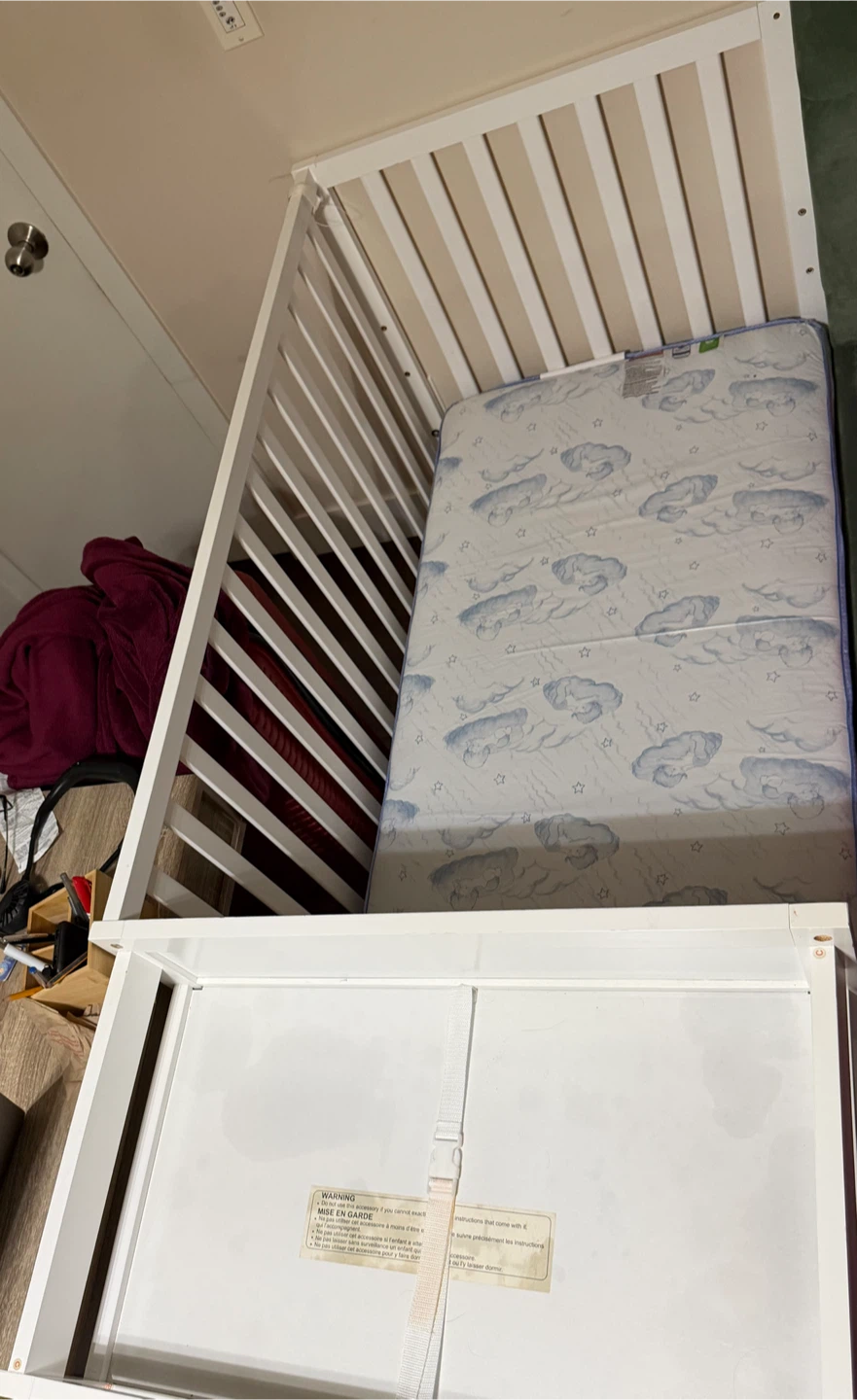 White Crib attached changing table & Mattress