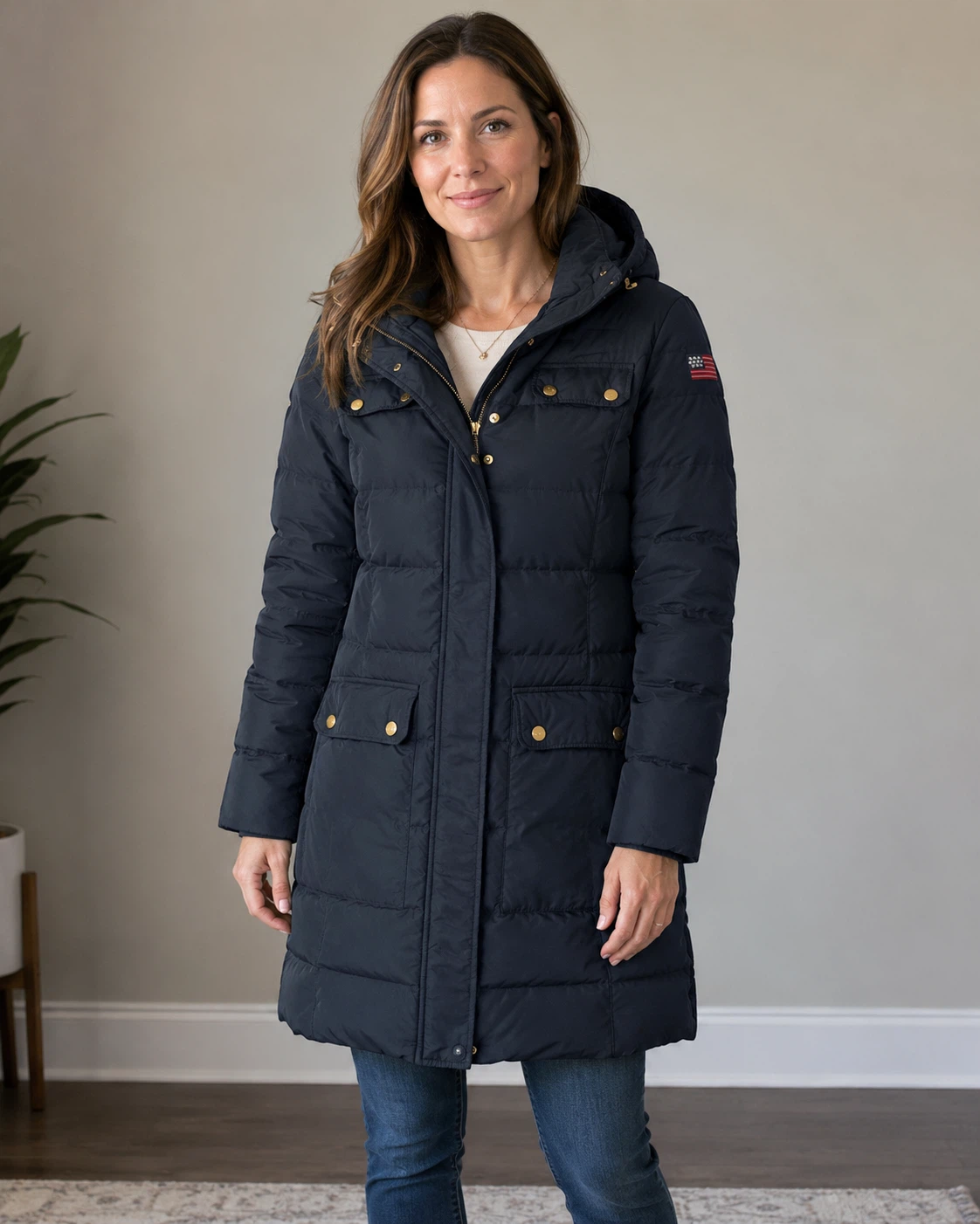 Navy Quilted Coat with Hood