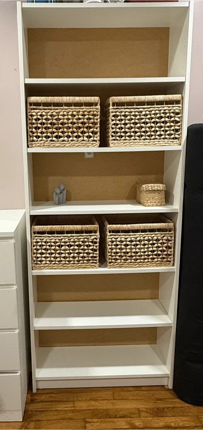 IKEA White Bookshelf with Woven Baskets