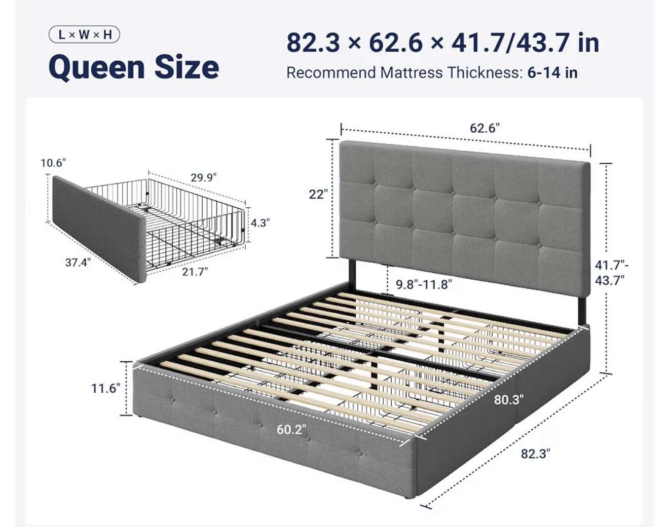 Allewie Queen Size Storage Bed Frame with 4 Drawers – Light Grey
