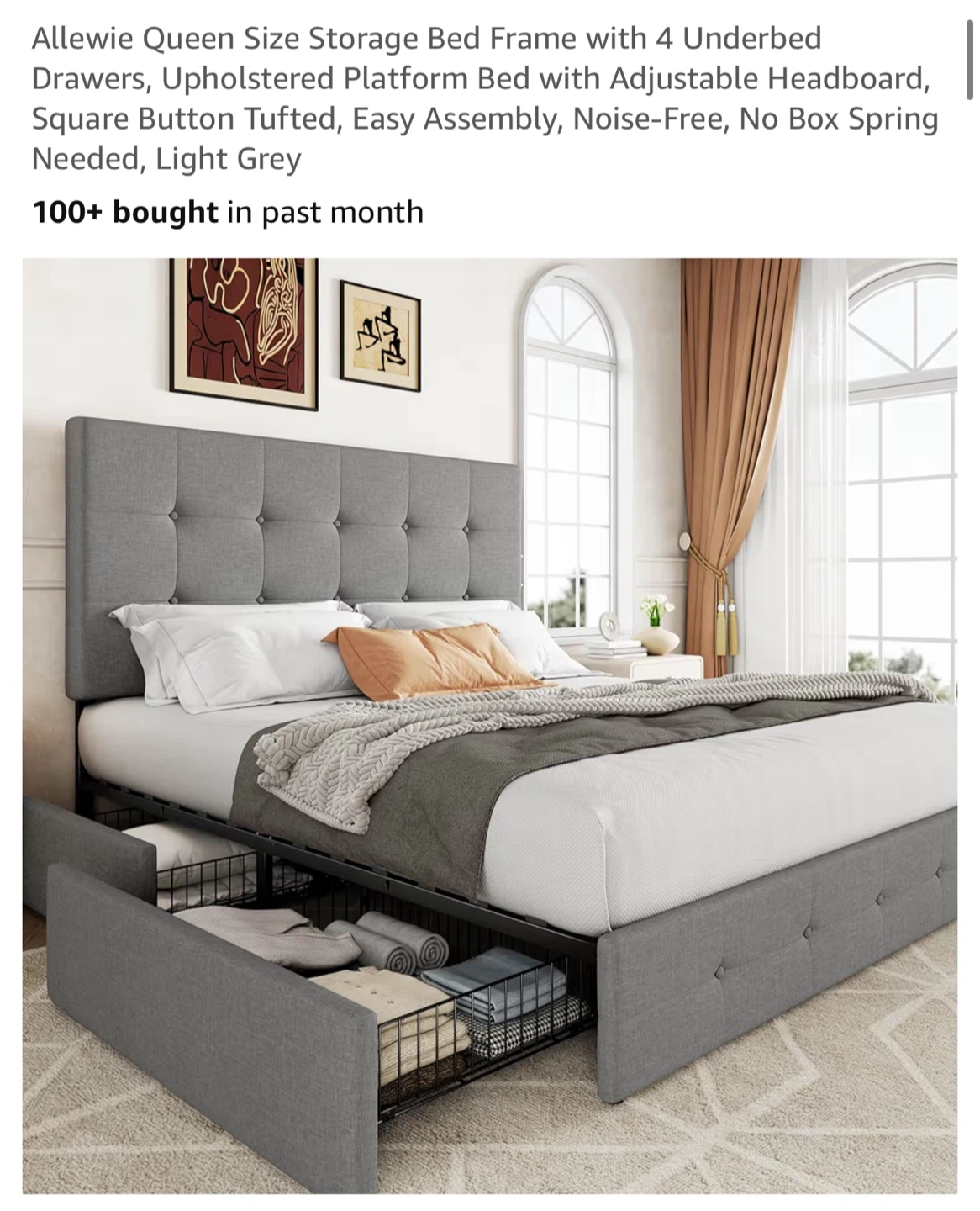 Allewie Queen Size Storage Bed Frame with 4 Drawers – Light Grey - photo 2