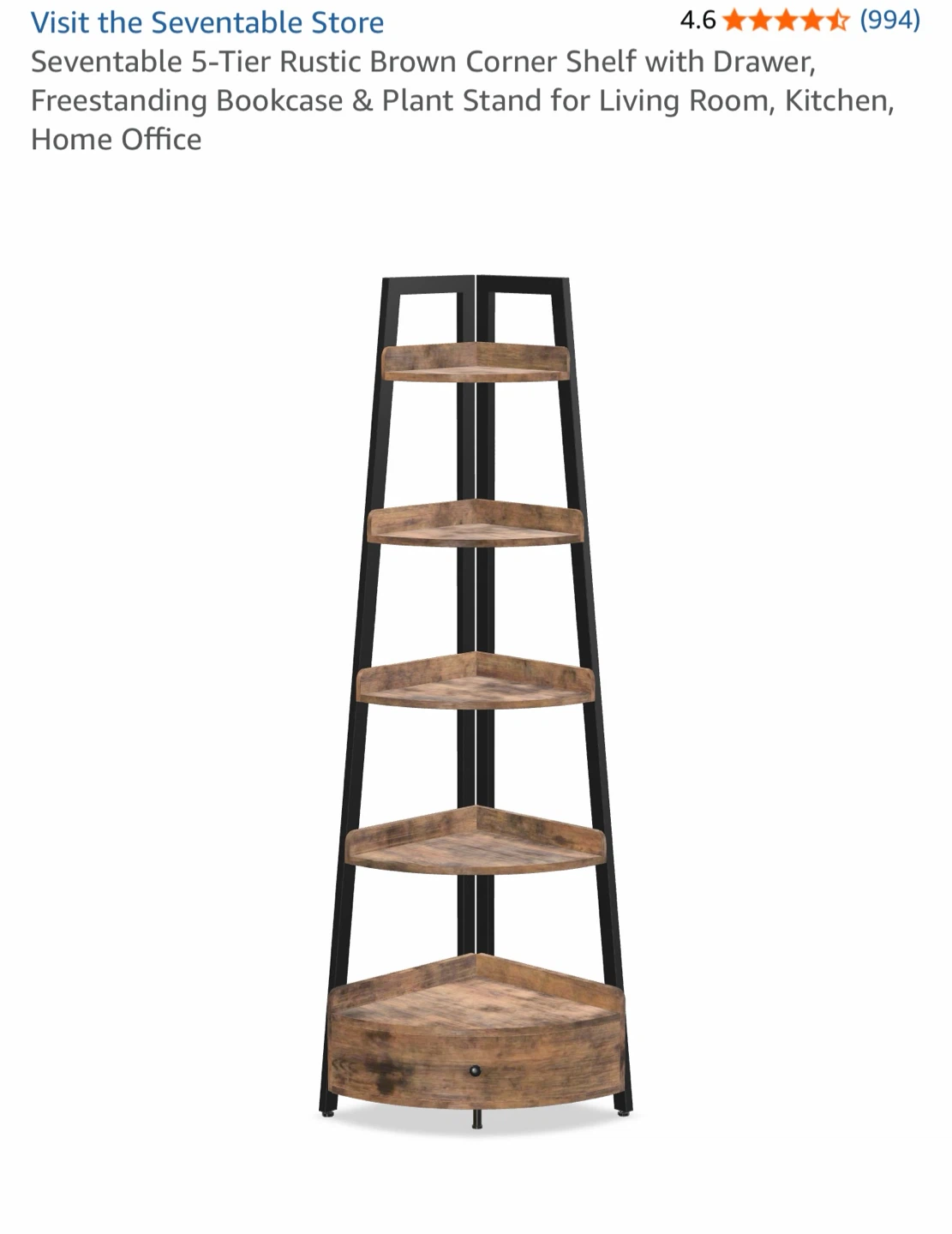 Seventable 5-Tier Rustic Brown Corner Shelf with Drawer