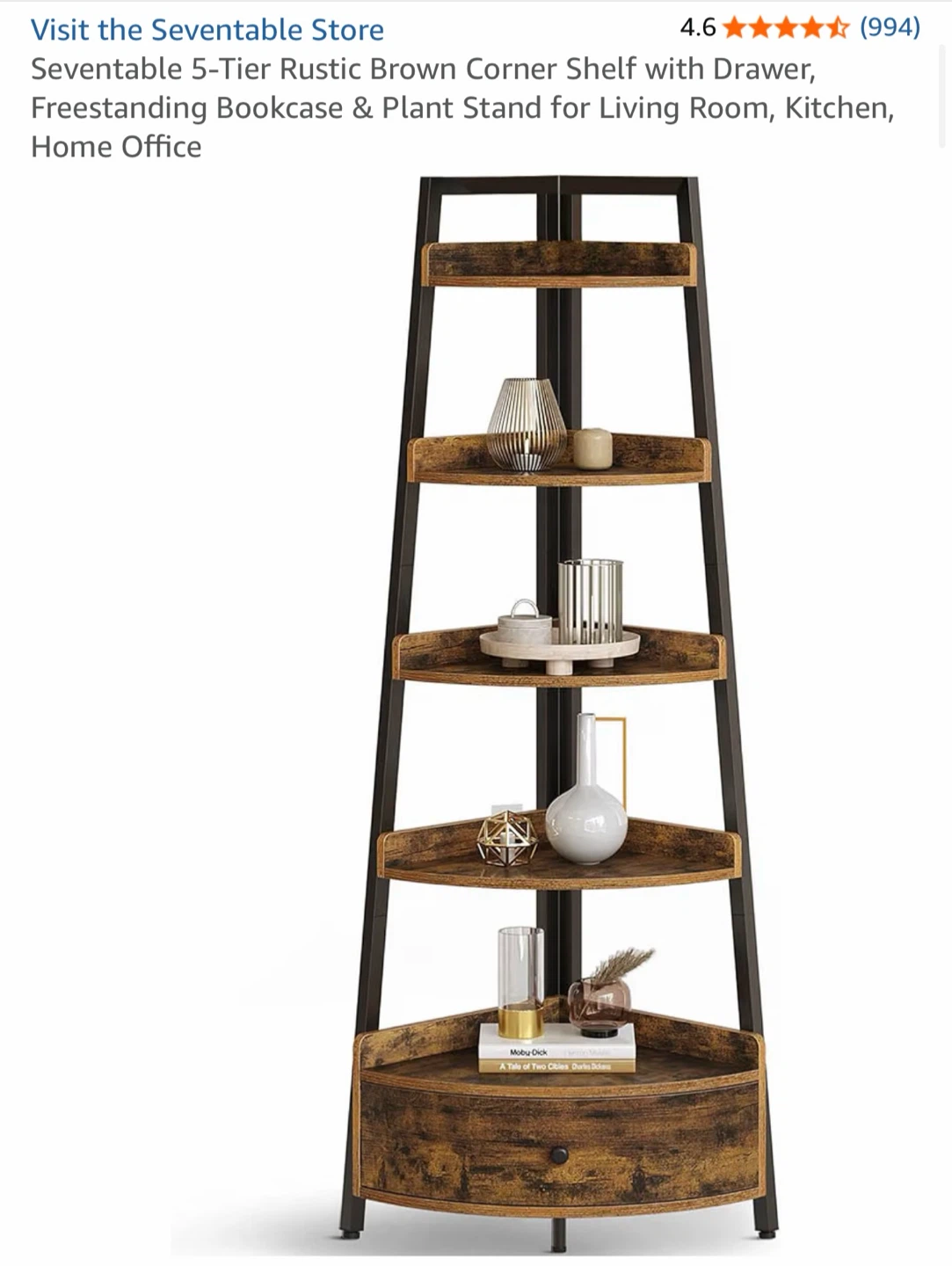 Seventable 5-Tier Rustic Brown Corner Shelf with Drawer - photo 2