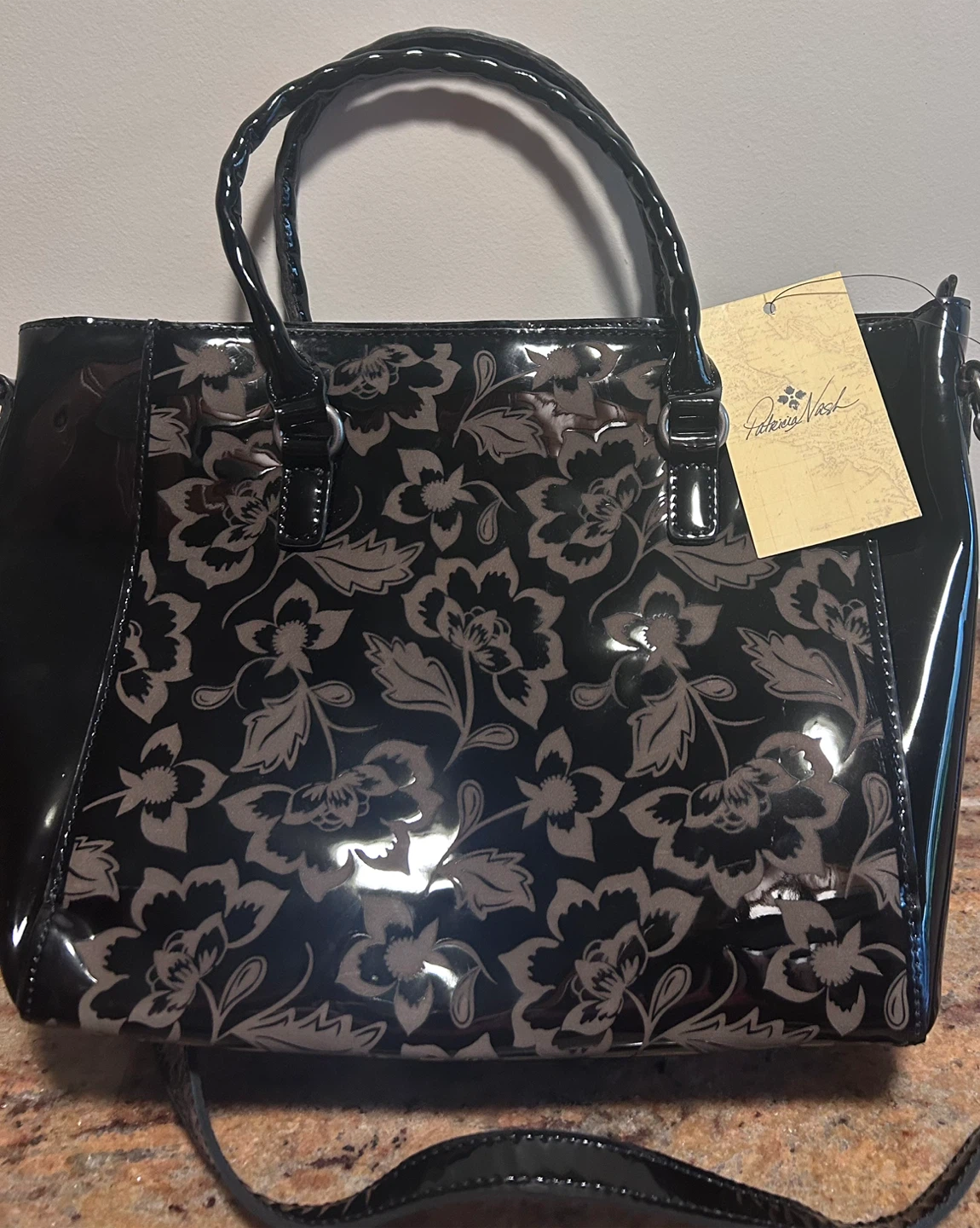 Patricia Nash Mariola Patent Etched Floral Tote Bag Black