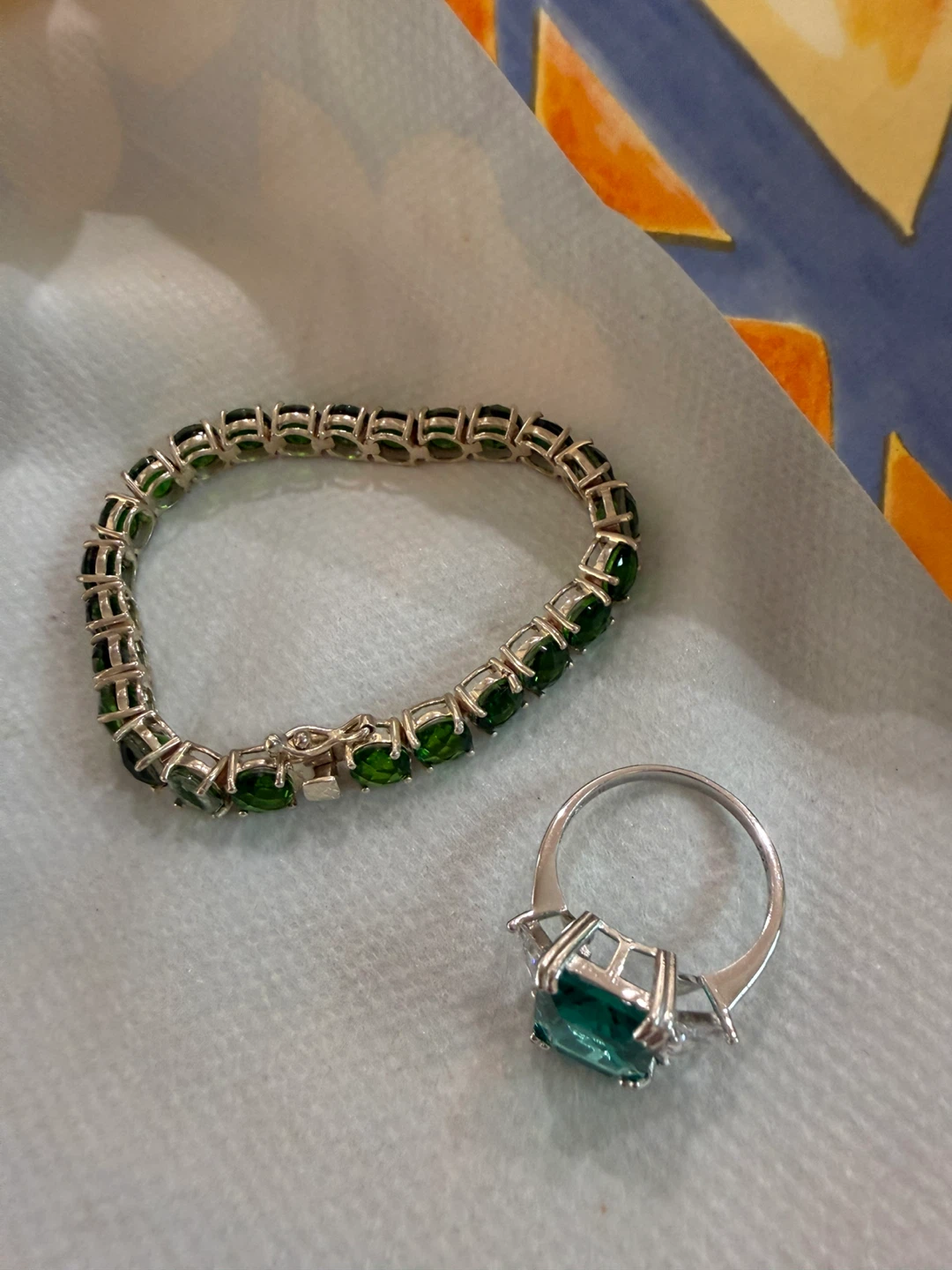 Green Gemstone Tennis Bracelet and Ring Set