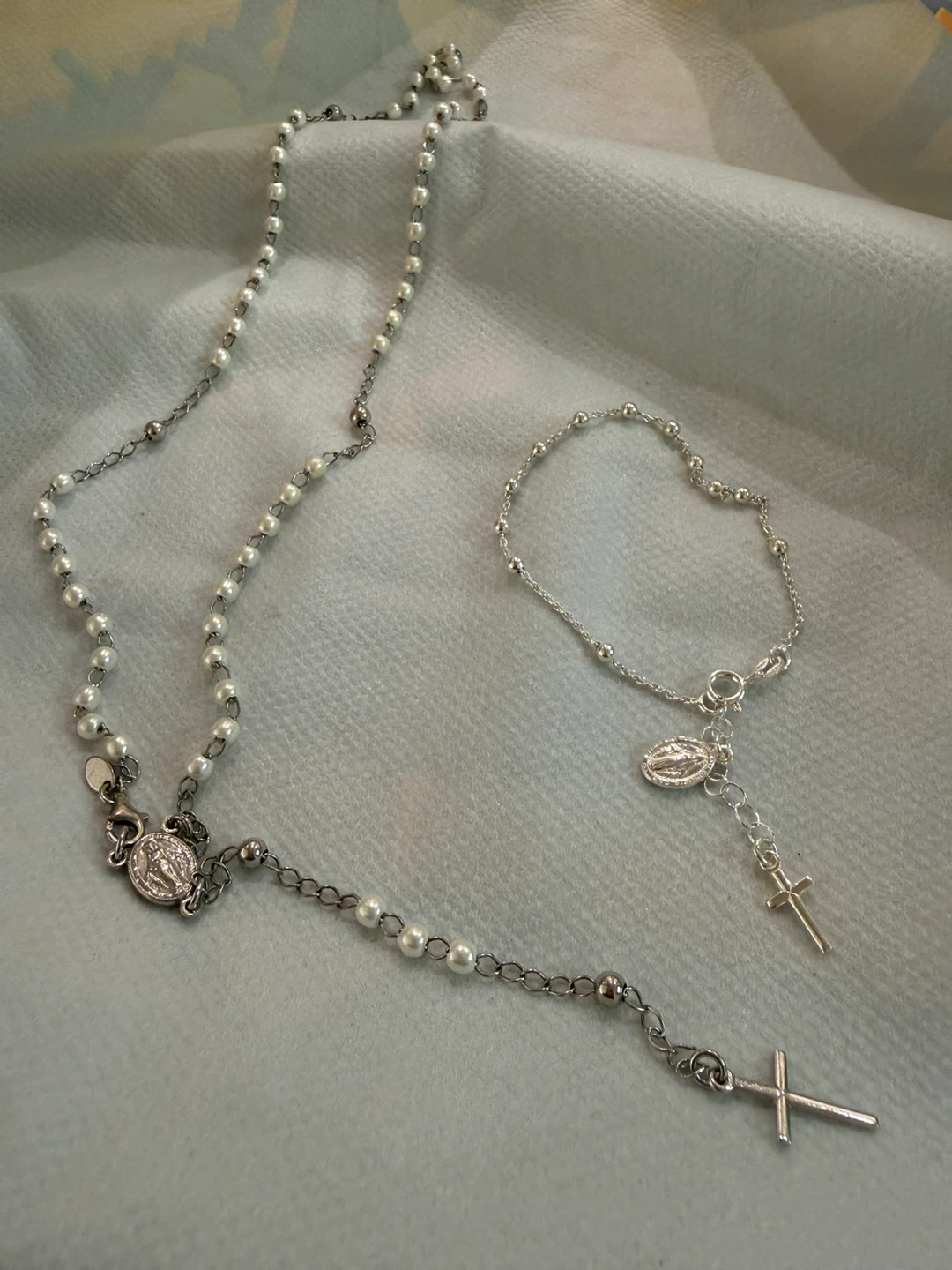 Pearl Rosary Necklace and Bracelet Set