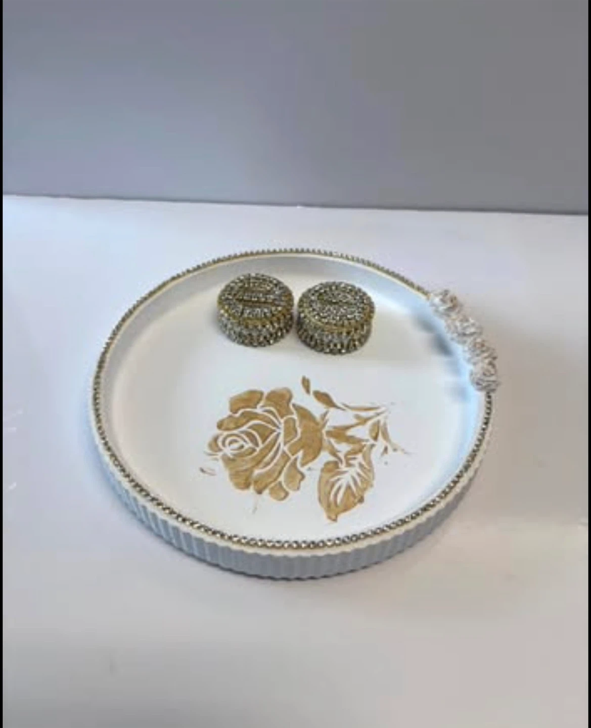 Handcrafted White & Gold Rose Decorative Tray Set