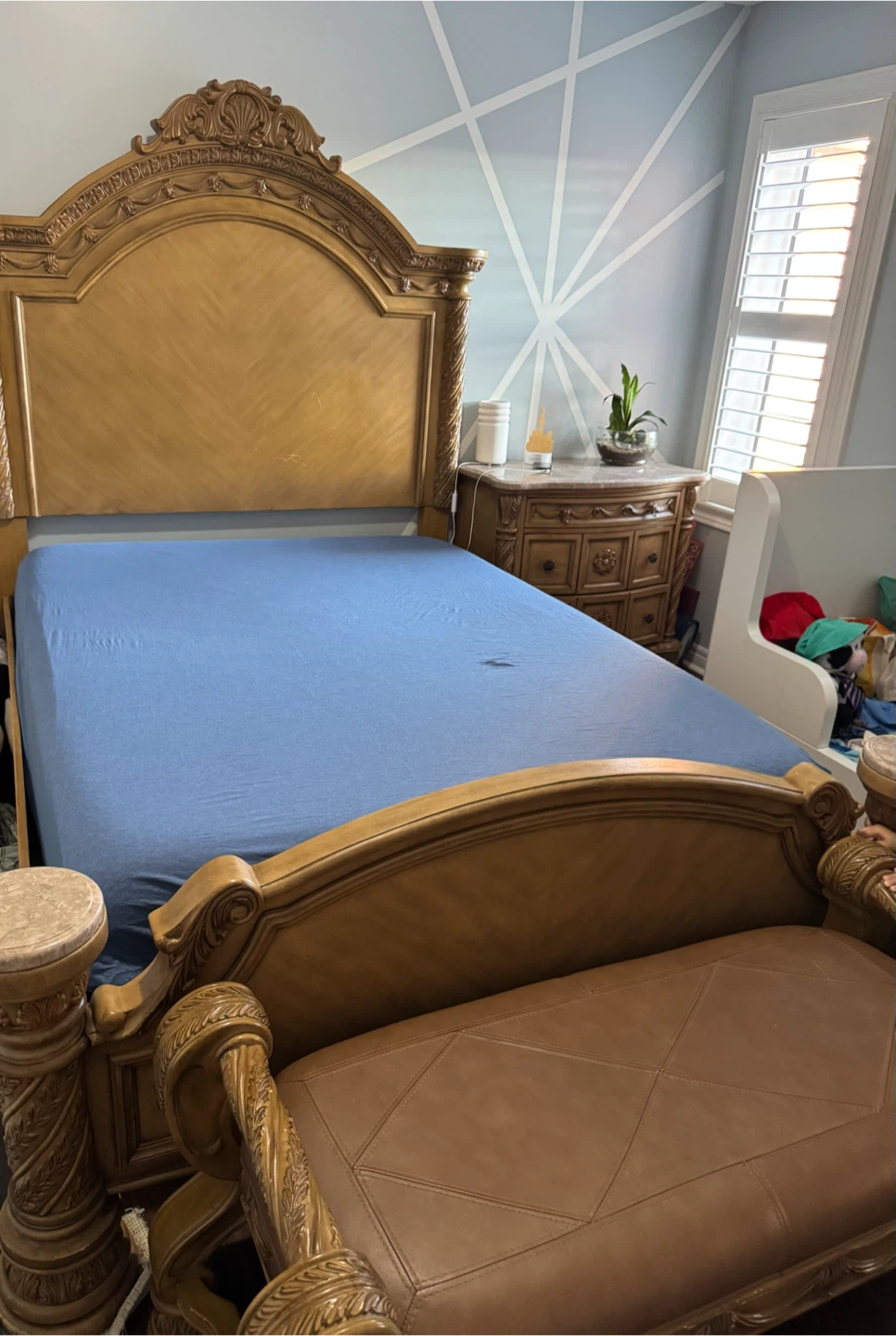 Ashley Ornate Wooden Bed Frame with Leather Bench