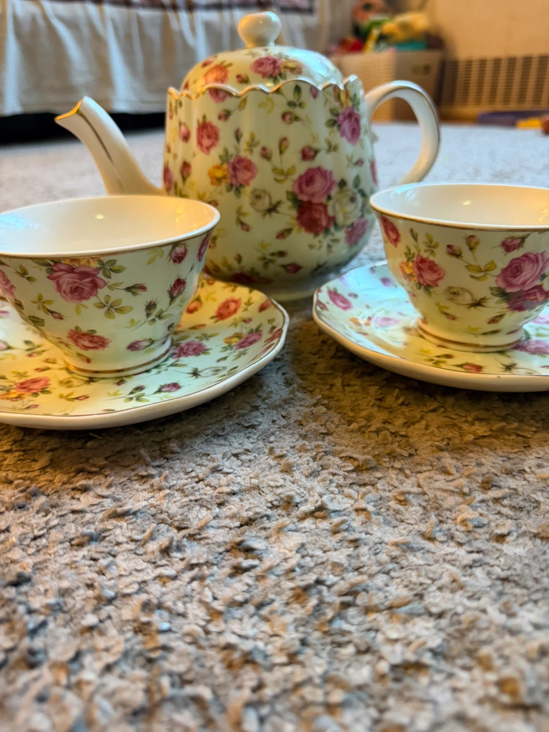 Floral Teapot and 2 Cups with Saucers