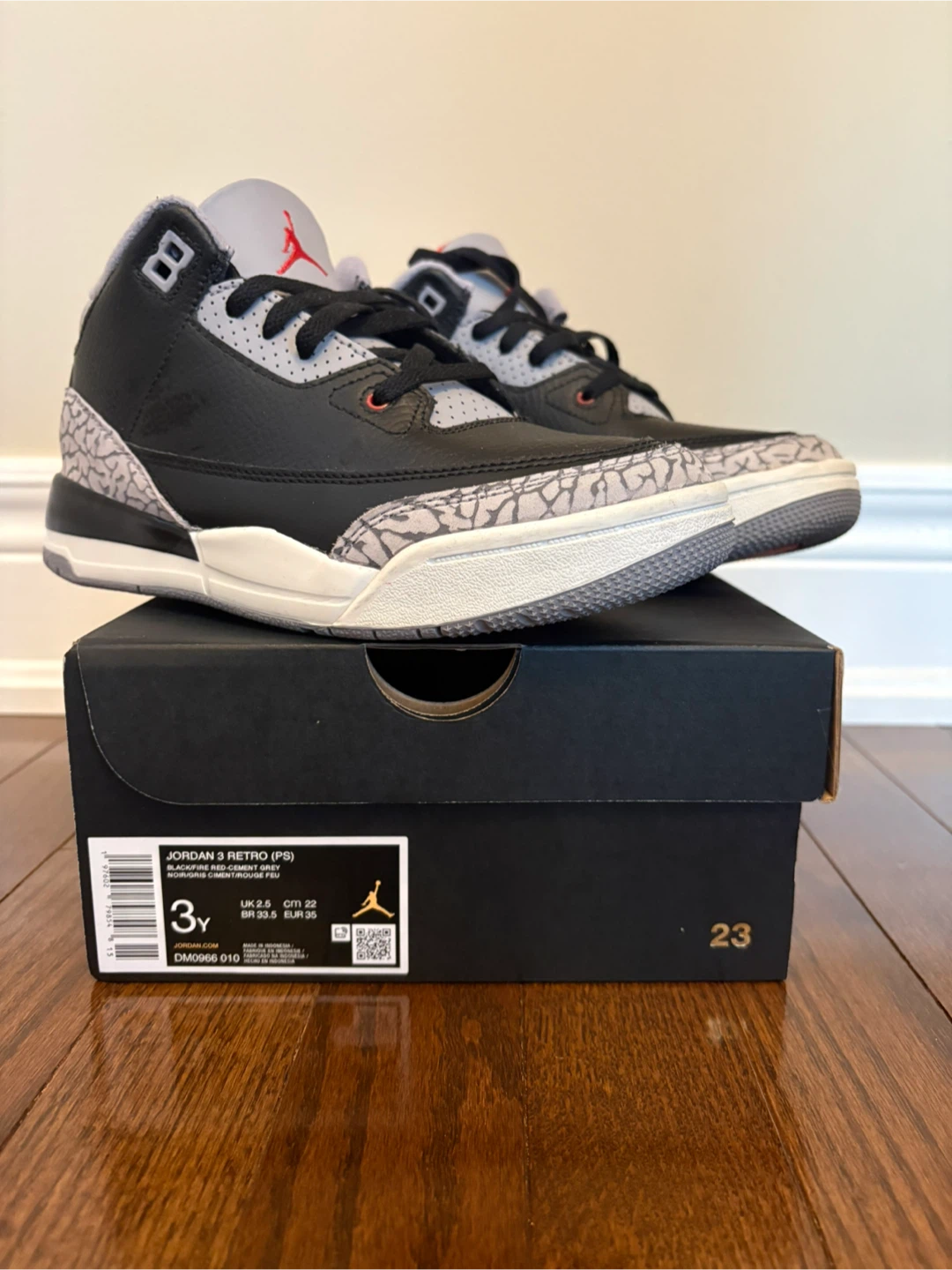 Air Jordan 3 Retro Black Cement in size 3Y