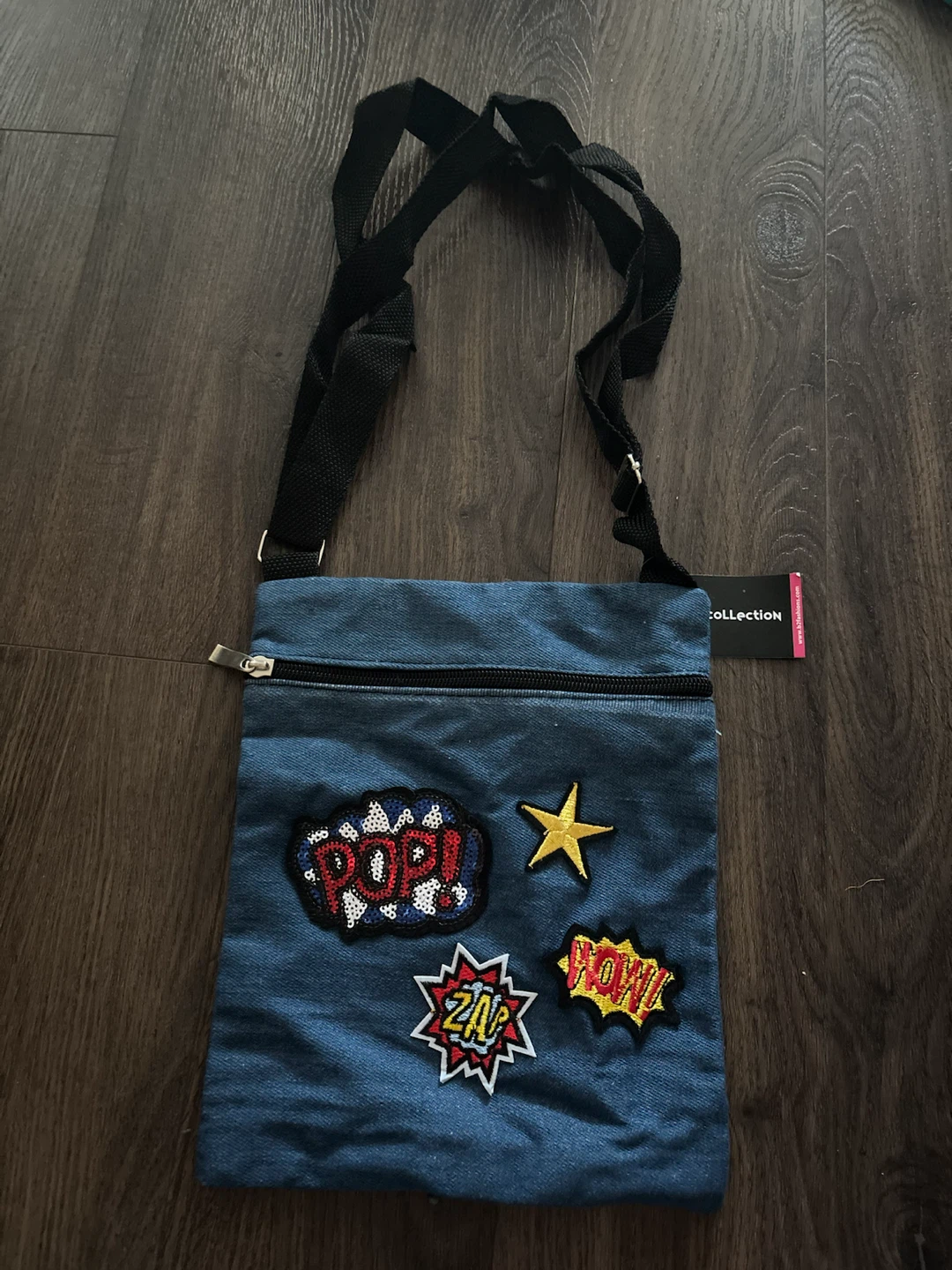 Blue Denim Crossbody Bag with Patches