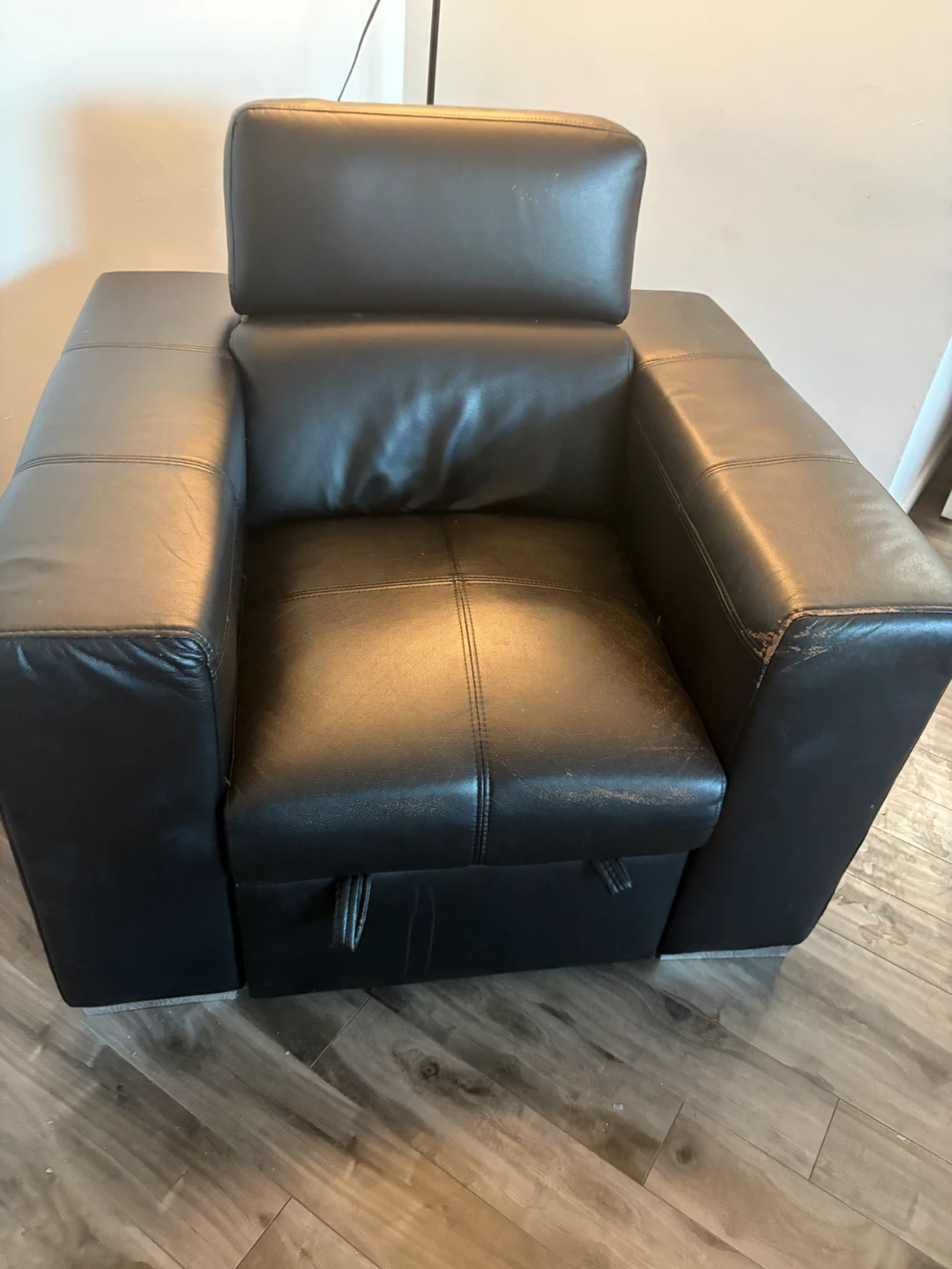 Black Leather Armchair with Ottoman