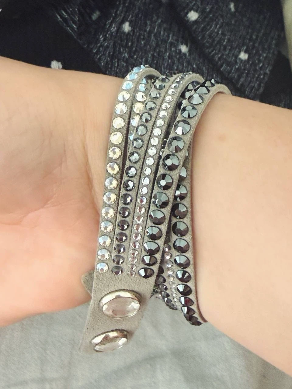 Grey Leather Wrap Bracelet with Crystals, Swarovski - photo 2