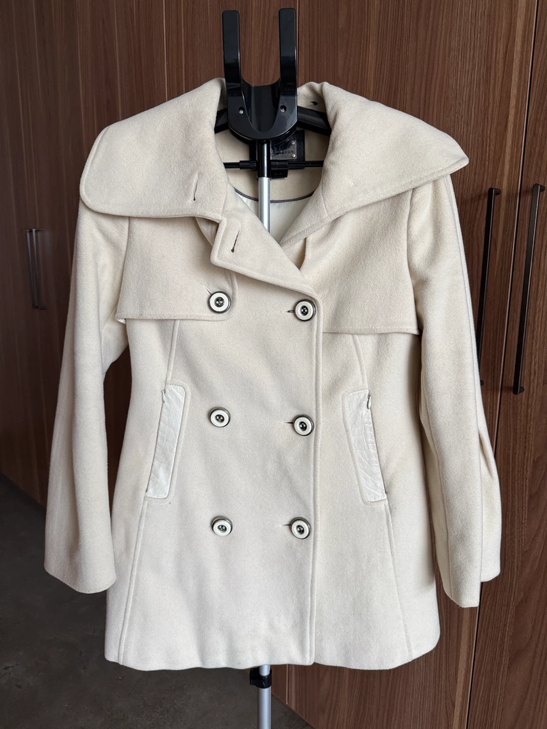 Mackage Women's Cream Wool Coat with Leather Accents