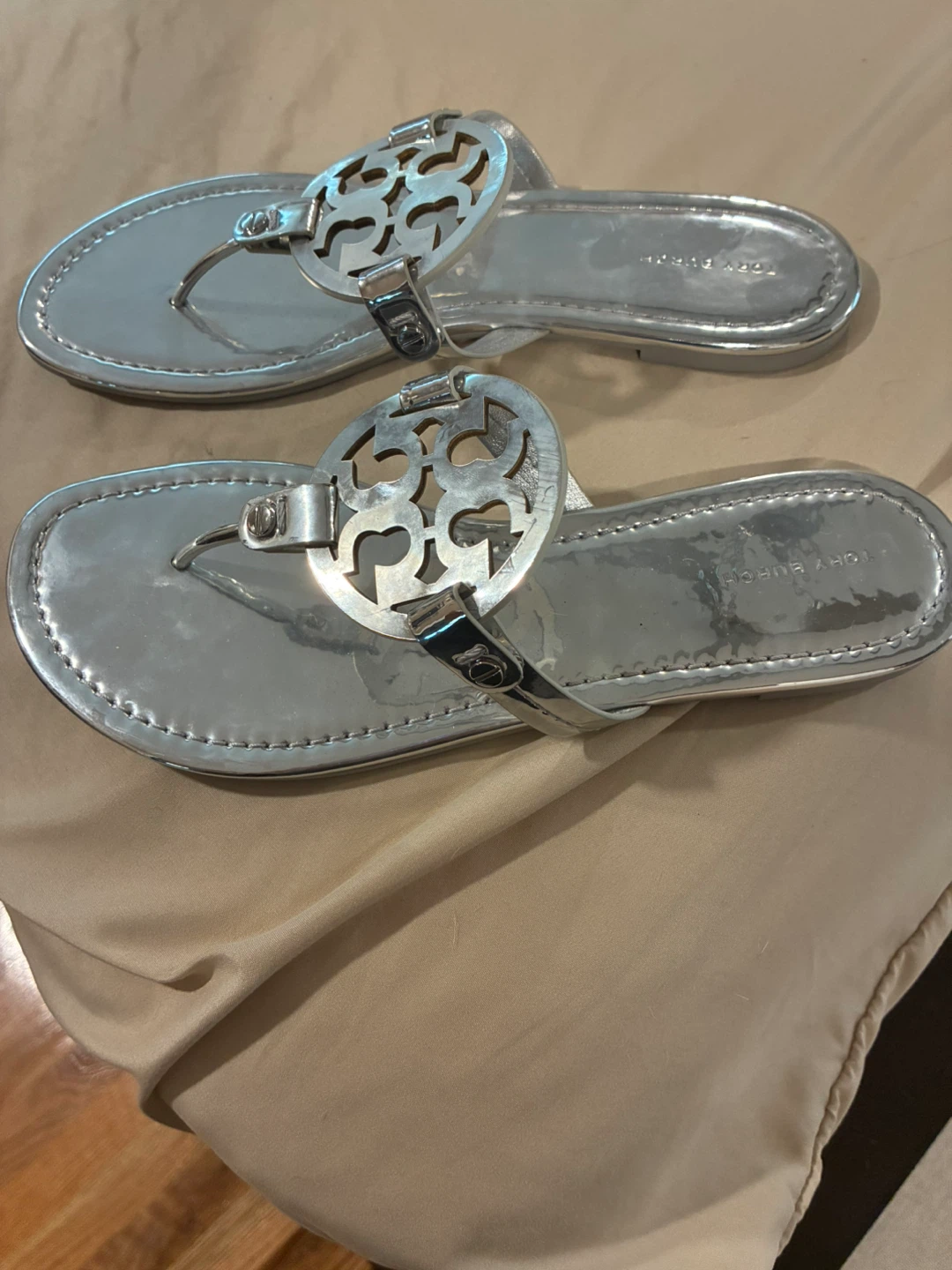 Tory Burch Silver Flip Flops Sandals