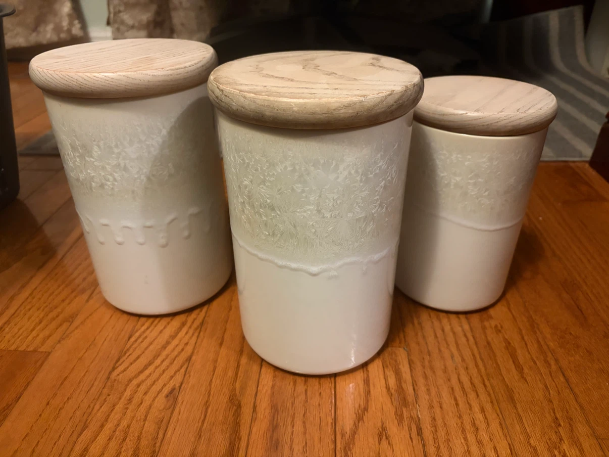 Set of 3 Ceramic Canisters with Wooden Lids