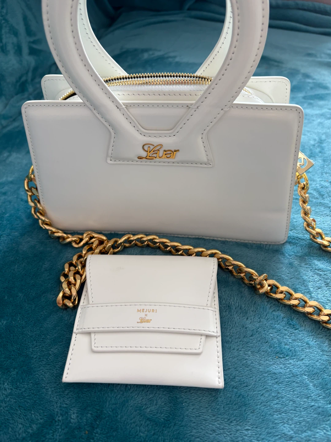 White Mejuri Leather Top Handle Bag with Gold Chain