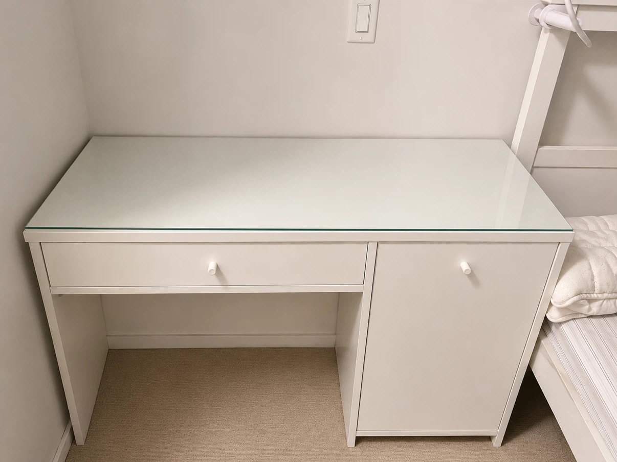 Ikea SYVDE dressing table with glass top.