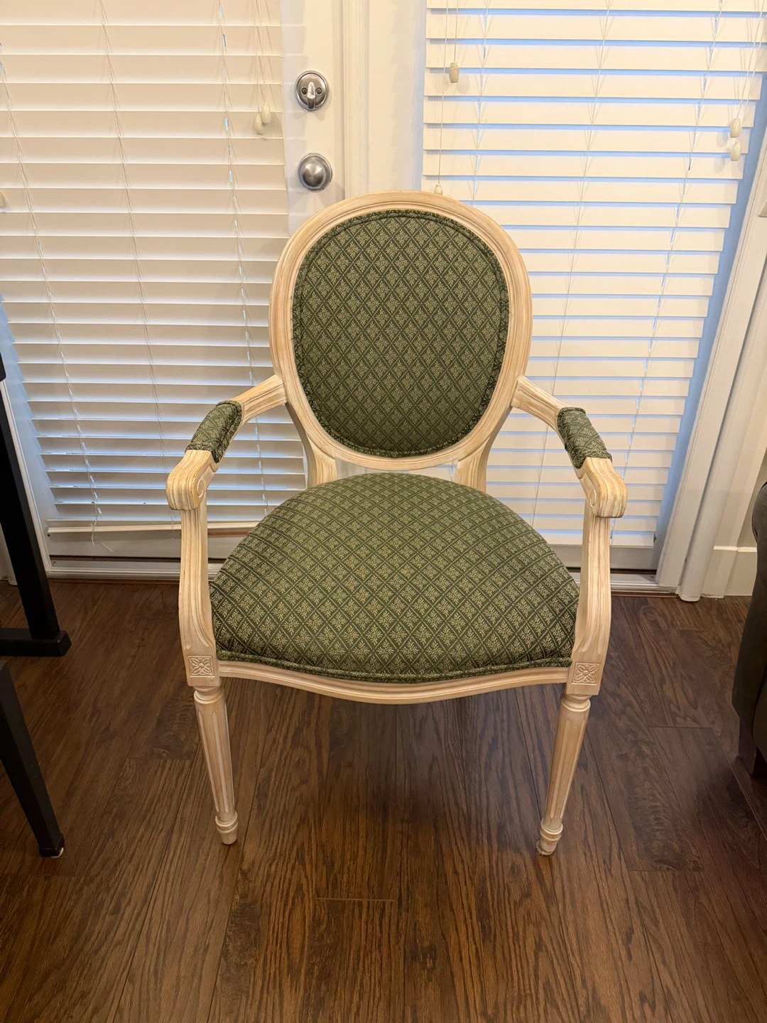 Carved Accent Chair with Green Damask Upholstery